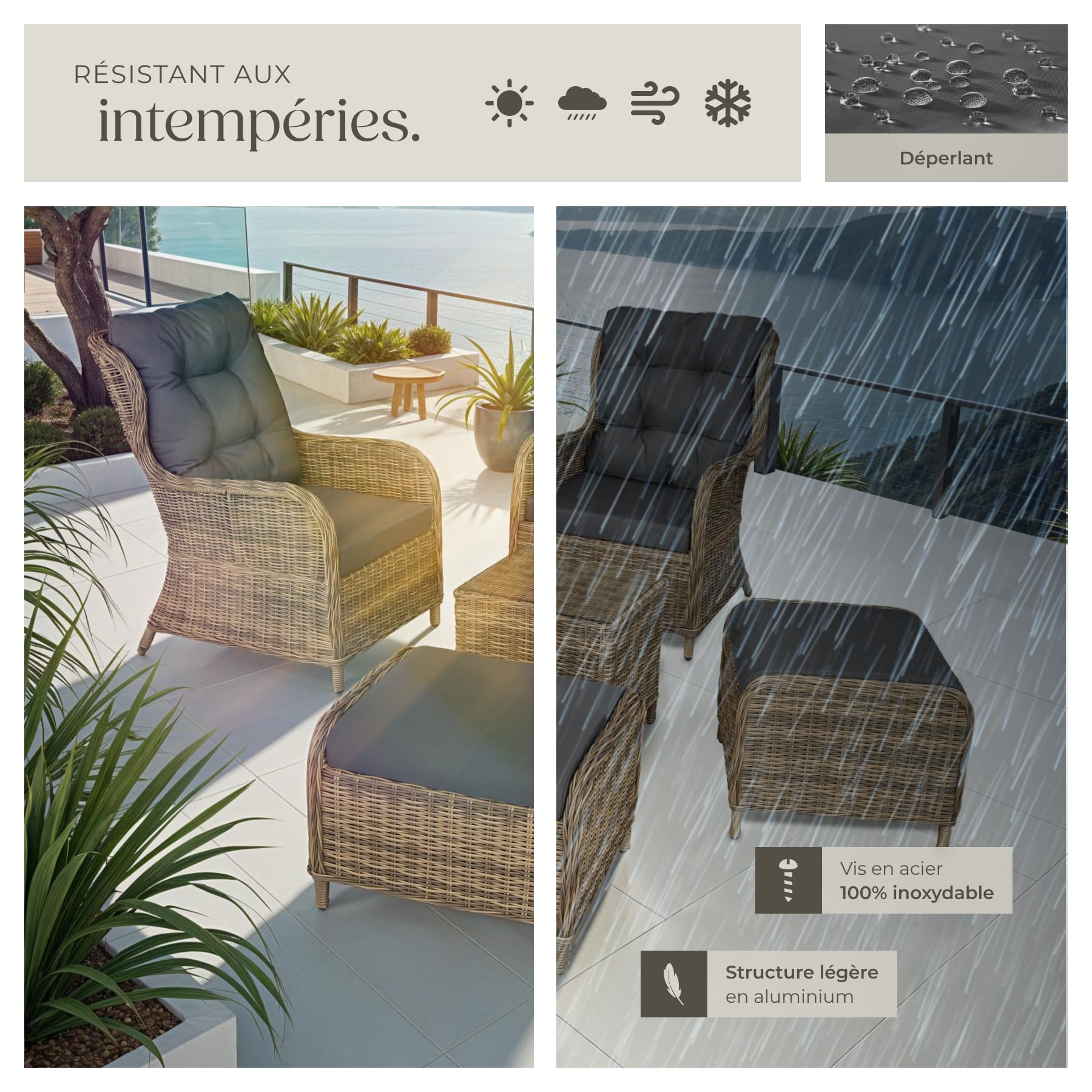 tectake® Salon de Jardin Extérieur en Poly Rotin et Aluminium 2 Personnes Ensemble Fauteuil salon, Tabouret pouf & Table de Jardin, Coussins inclus, Mobilier de jardin pour Amenagement Balcon Terrasse
