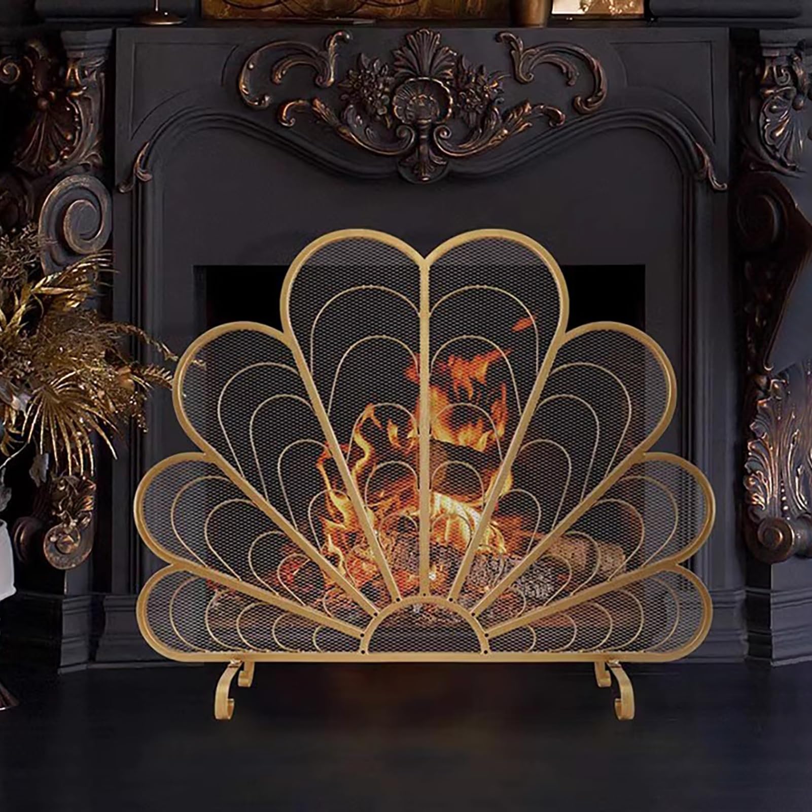 Salvachispas Chimenea Pantalla Decorativa para Chimenea de Un Solo Panel, Cubierta Protectora Plana para Estufa de Leña para Chimenea Decorativa, Malla de Hierro Artesanal a Prueba de Fuego para Horno
