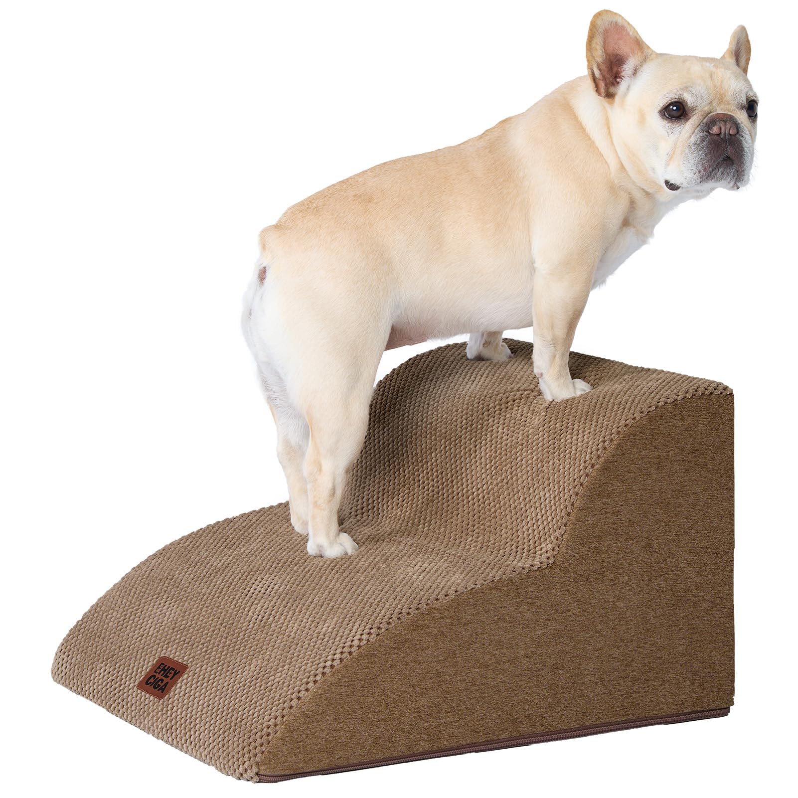 EHEYCIGA Curved Dog Steps for Sofa, 2-Step Dog Stairs for Small Dogs and Cats, Pet Stairs for Couch, Non-Slip Pet Step with Washable Cover, 40x50x30cm, Camel
