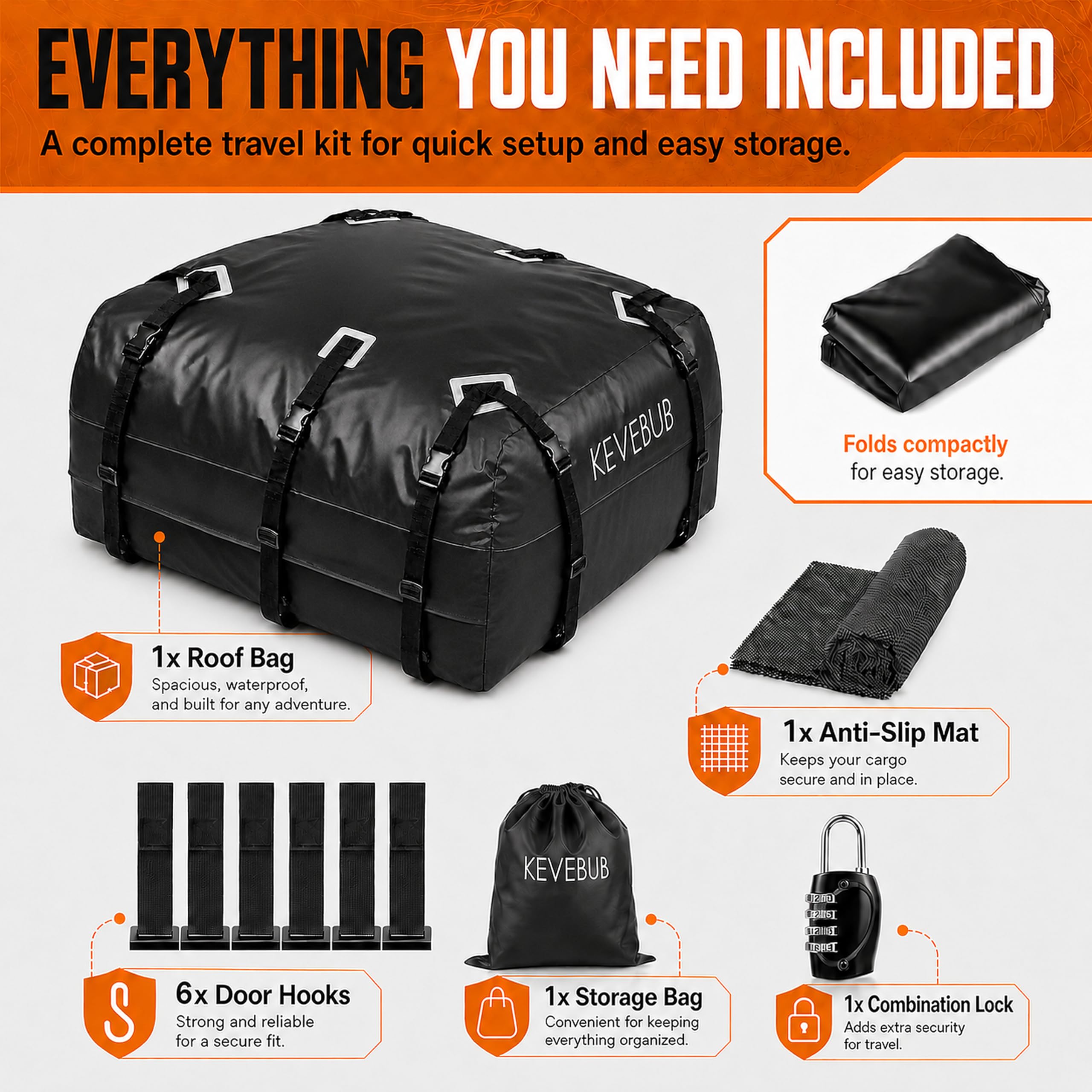Autodachtasche 600L/21 Cu Ft wasserdicht, Faltbare Dachbox Auto aus 800D PVC, für Fahrzeuge mit/ohne Dachträger, mit Antirutschmatte, 6 Türhaken, Zahlenschloss & Tragetasche