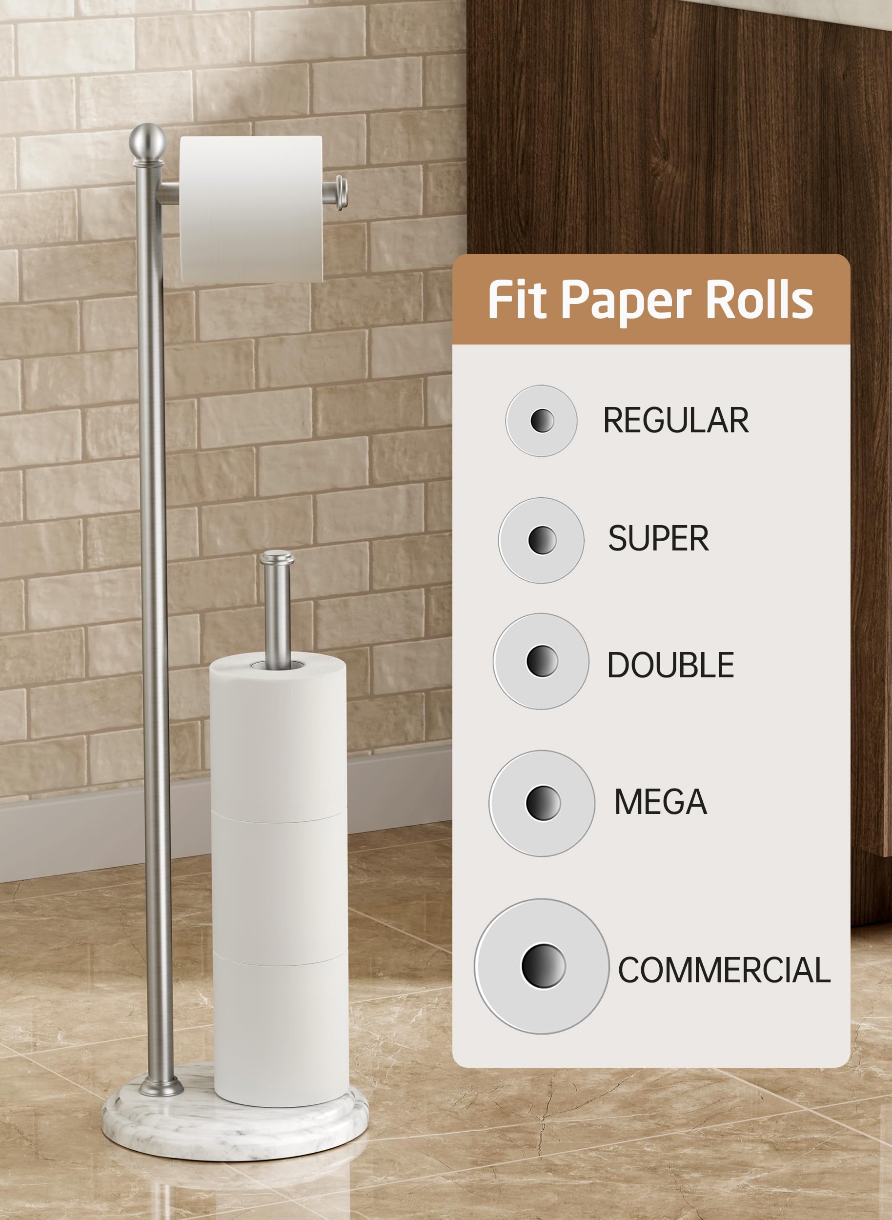 KES Portarrollos de papel higiénico de pie, soporte para rollos de papel higiénico de acero inoxidable con base de mármol, portarrollos de papel higiénico extra estable para 5 ruedas, cepillado