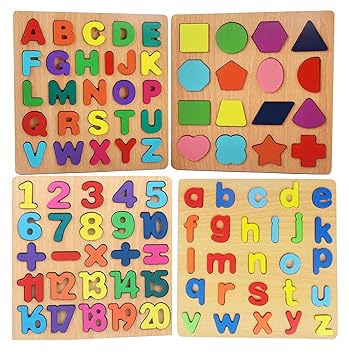 Wooden Alphabet Puzzles Numbers Count Board Blocks 3 Sets Game, Colorful ABC Lower Letters/Numbers/Shapes for Kids Toddlers Preschool Early Learning Educational Toys (Set of 4)