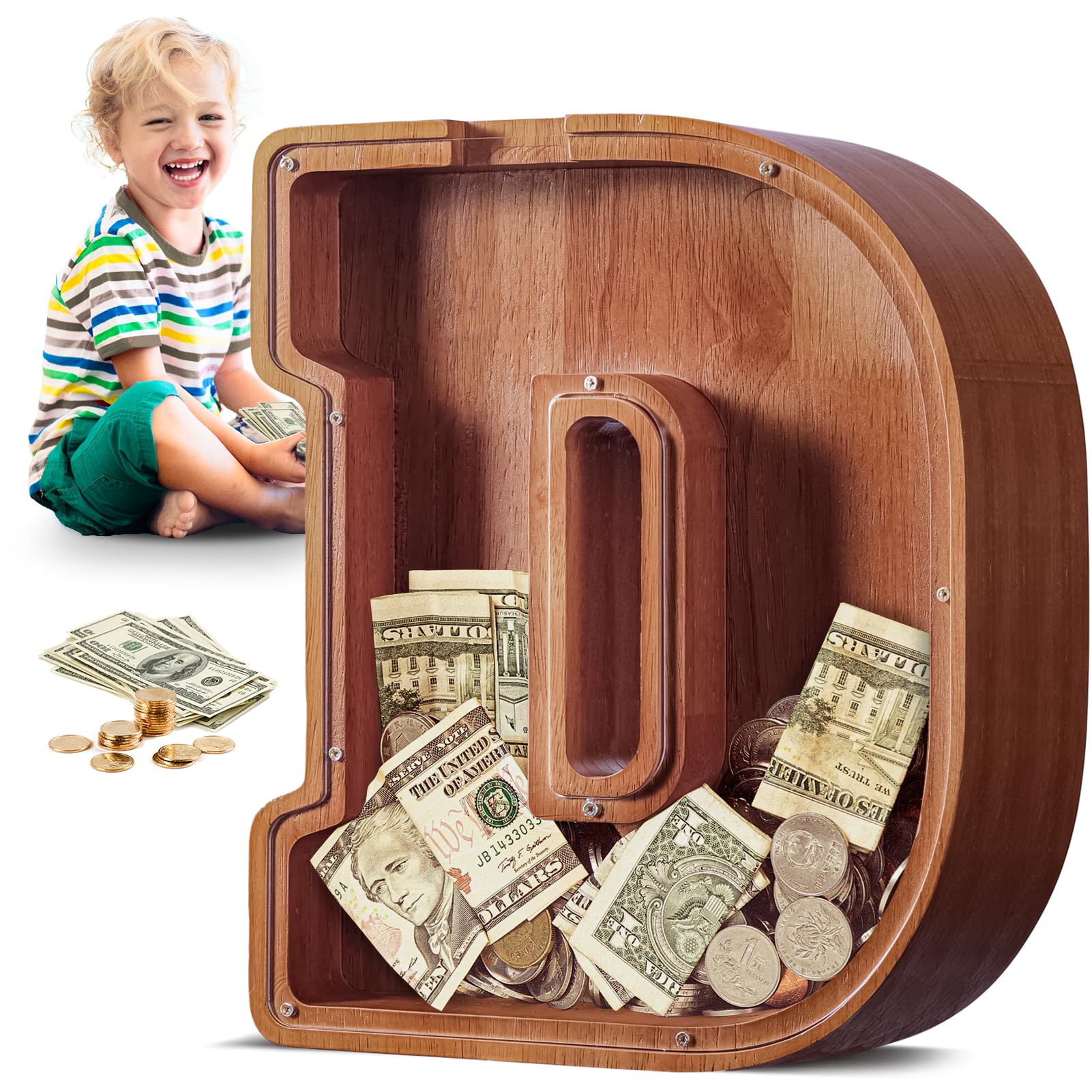 Summidate Spardose für Kinder Junge, Personalisiert Holz Großes Sparschwein, Unzerbrechliches Buchstabe A-Z Sparbüchse für Kinder Mädchen, Erwachsene, Geschenk&Dekoration