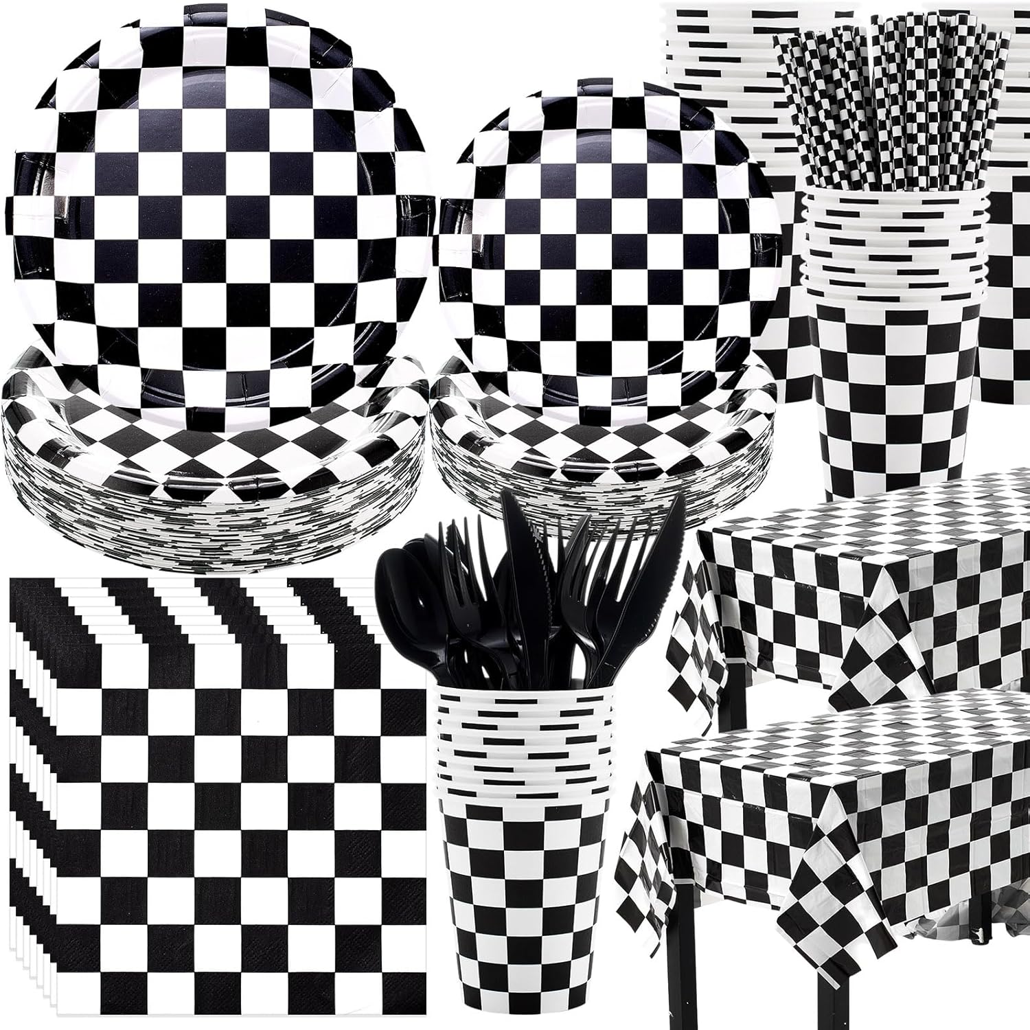 452 Pcs Checkered Flag Party Supplies for 50 Guests, Black and White Checkered Paper Plates Napkins Cups Tablecloth Cutlery Straws for Race Car Birthday Party Decorations