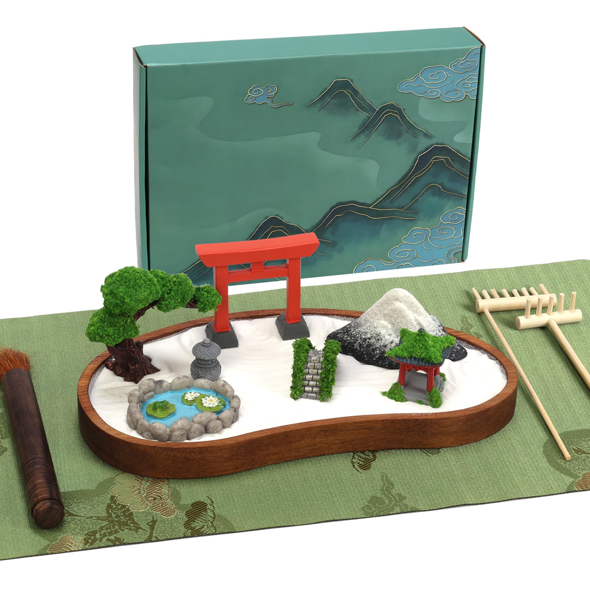 Mini Zen Garden Kit with Rake Desktop Meditation Accessories Zen Sand Garden for Desk Japanese Decor (Snow Mountain)