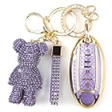 Rayslesan Cute Key Fob Cover with Rhinestone Bear Charm, Bling TPU Smart Key Case for Women, Compatible with Nissan Altima Murano Juke Sentra Rogue Pathfinder Titan Maxima (4-Button, Gold Purple)