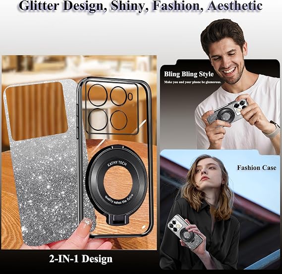 Phone Case for Infinix Note 40 Pro 4G Clear Glitter Magnetic with Ring Stand Compatible with MagSafe Silicone Cover Slim Cute for Infinix Note 40 Pro 4G Case Bling Aesthetic Luxury (Black)