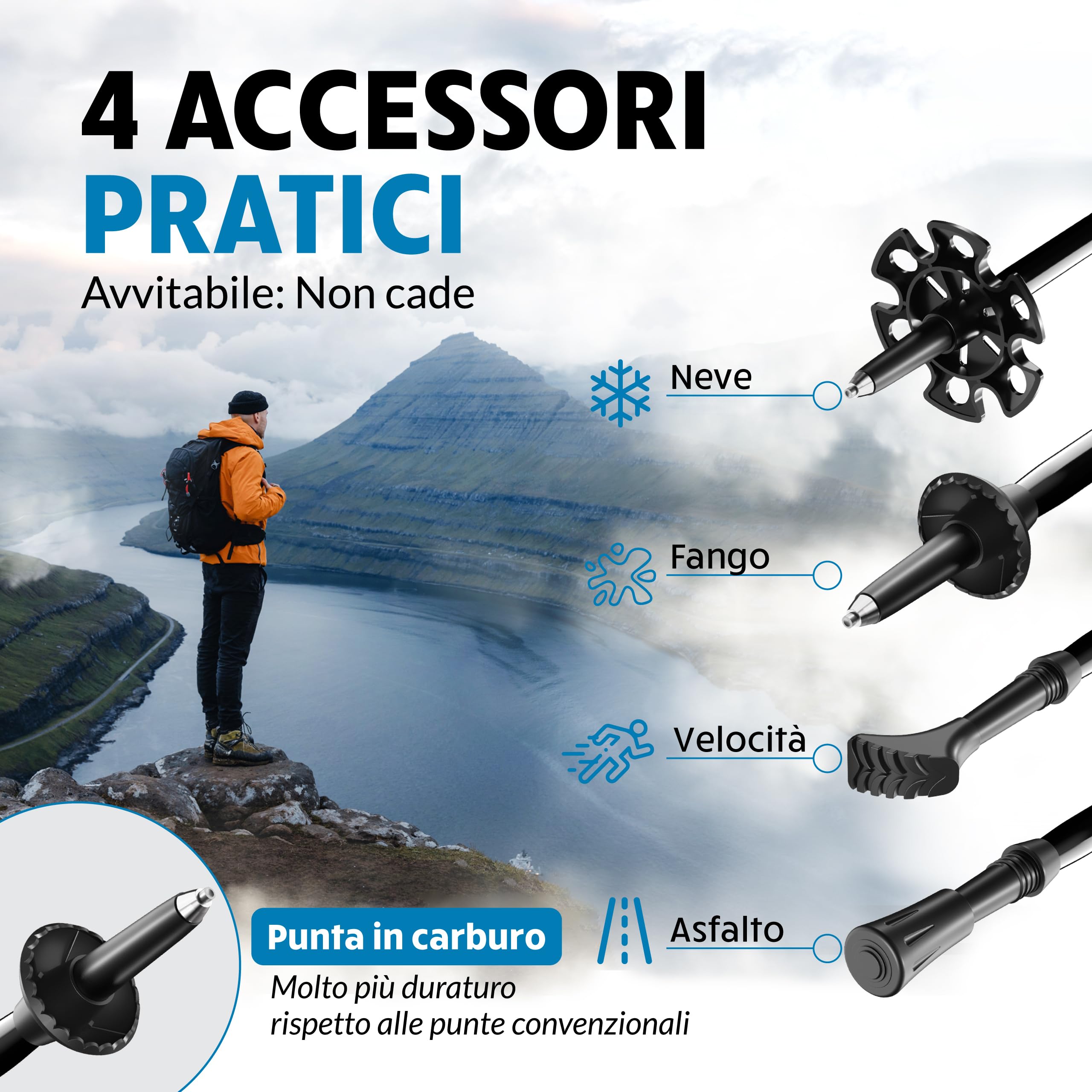 Terra Peak® Bastoncini da trekking pieghevole in alluminio (estensibili, regolabili e ultra-leggeri) - Bastoni trekking (incl. asciugamano) per nordic walking, trail running e escursionismo