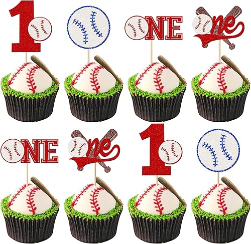 Rsstarxi Paquete de 24 decoraciones de béisbol con purpurina para cupcakes de béisbol con purpurina para primer cumpleaños, decoración de pastel de