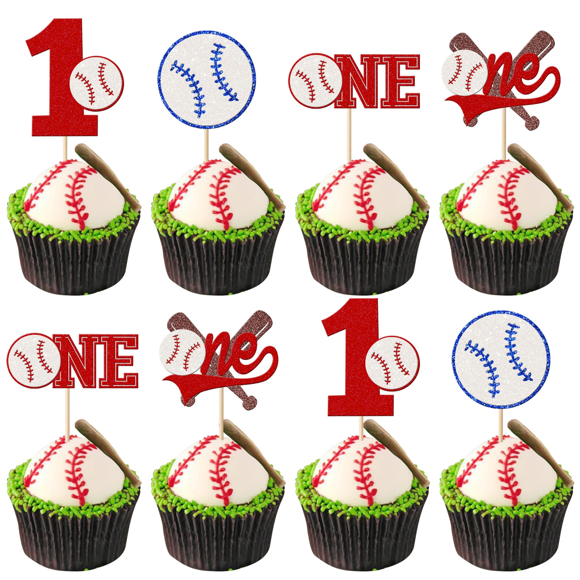 Rsstarxi 24 Pack Baseball One Cupcake Toppers Glitter Baseball Sports Theme 1st Birthday Cupcake Picks First Birthday Baseball Cake Decorations for