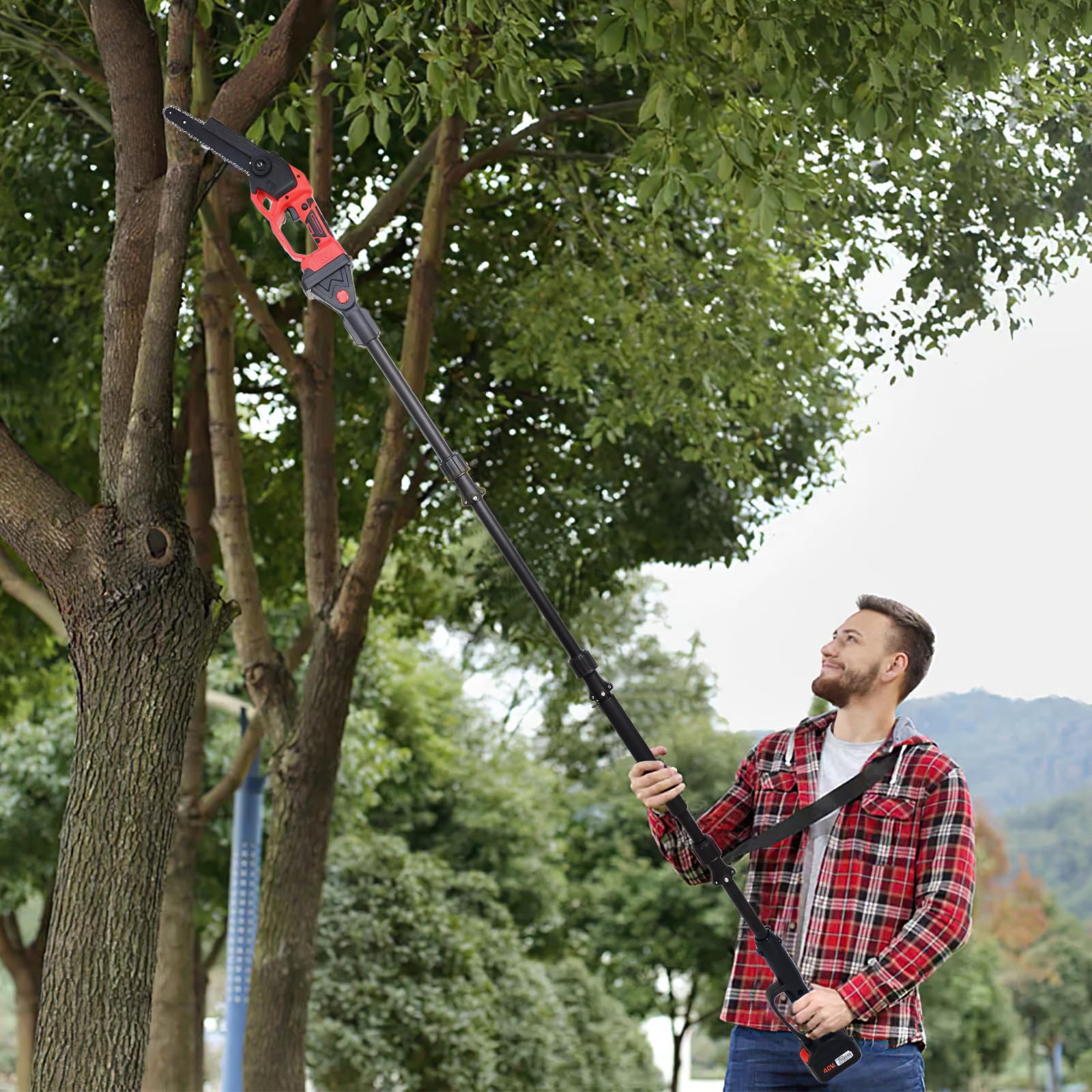 Motosierra Telescópica de 8 Pulgadas & Tijeras de Podar Eléctricas de 40 mm, Herramientas de Jardín 4 en 1,con 2 Baterías, ángulo Ajustable a 180°, Altura de Trabajo de Hasta 4,5 m.