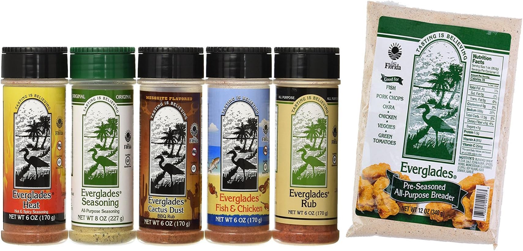 Everglades Seasoning Sampler & Cactus Dust Breader - Fish & Chicken Rub - 5 Pack, 6 oz & 8 oz