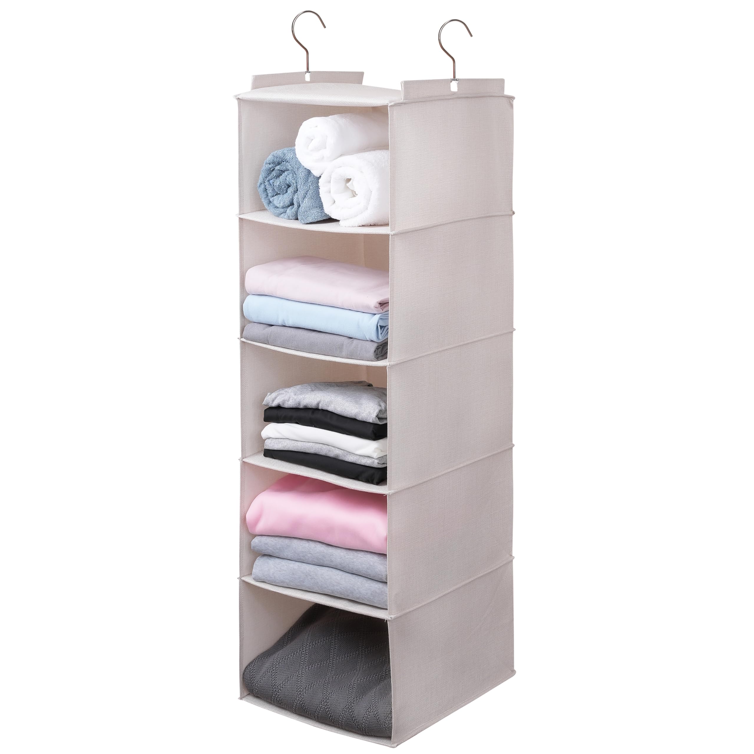 Tulinstiraga Beige Large Hanging Sweater Organizer For Closet,Collapsible 6-Shelf Hanging Closet Shelves With Drawers, Washable ( -5 Shelf)