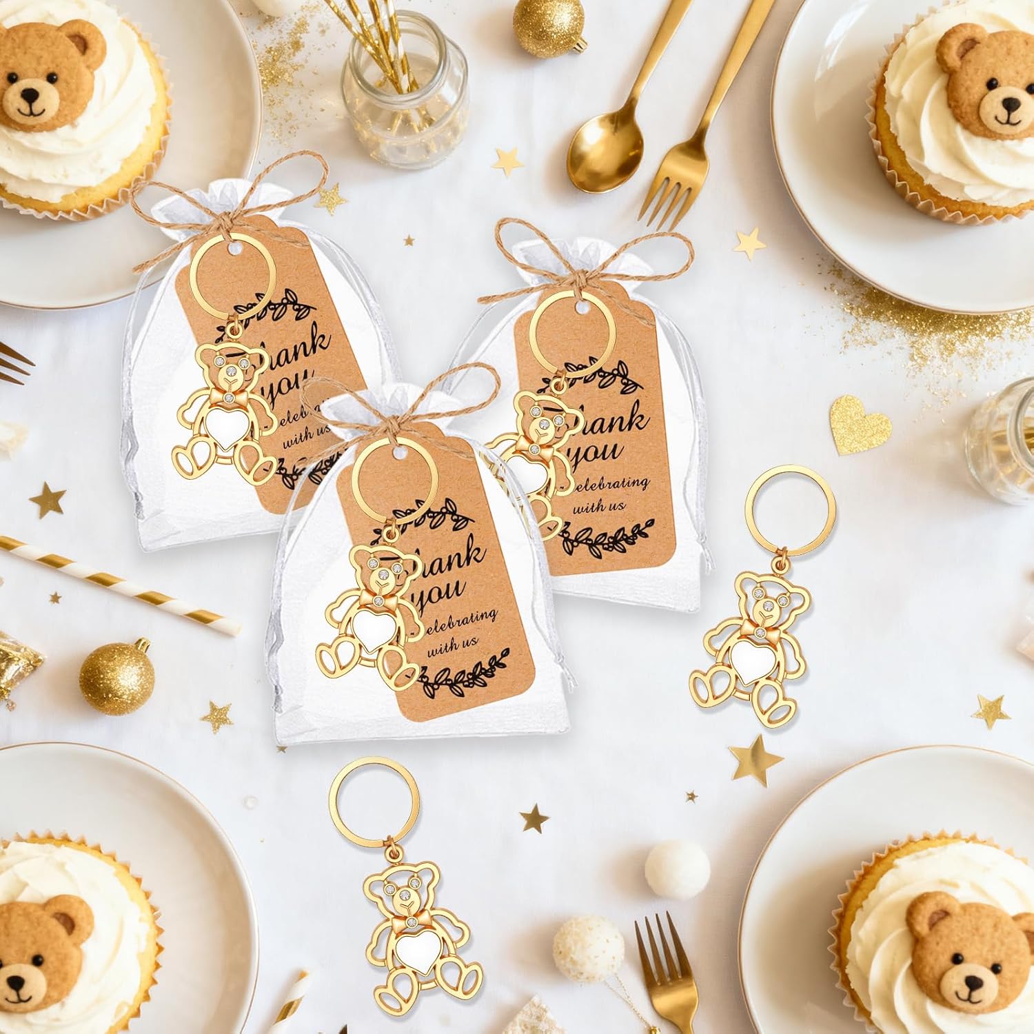 50Pack Bear Keychain Baby Shower Party Favors for Guests Diamond Bear Keychain with Organza Bags Tags for Birthday Wedding Decoration Return Gift Souvenirs