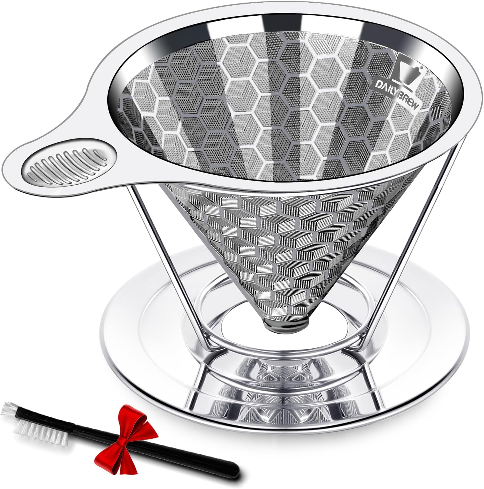Triple Layer Pour Over Coffee Filter Durable Pour Over Coffee Dripper Easy Clean Metal Cone Filter Paperless Stainless Steel Pour Over Coffee Maker With Holder 2 Cup (HOLDER)