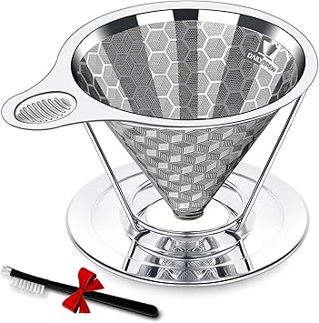 Triple Layer Pour Over Coffee Filter Durable Pour Over Coffee Dripper Easy Clean Metal Cone Filter Paperless Stainless Steel Pour Over Coffee Maker With Holder 2 Cup HOLDER