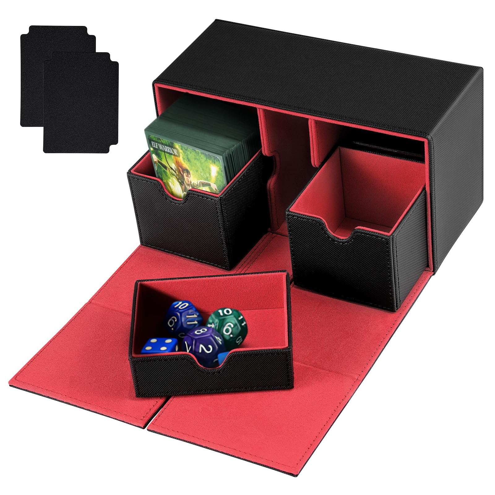 KASTWAVE Card Deck Box Fits for MTG Commander Deck Holds 200+ Trading Cards, Premium Card Deck Storage Case with 2 Dividers Compatible for TCG/CCG/Yugioh(Black)