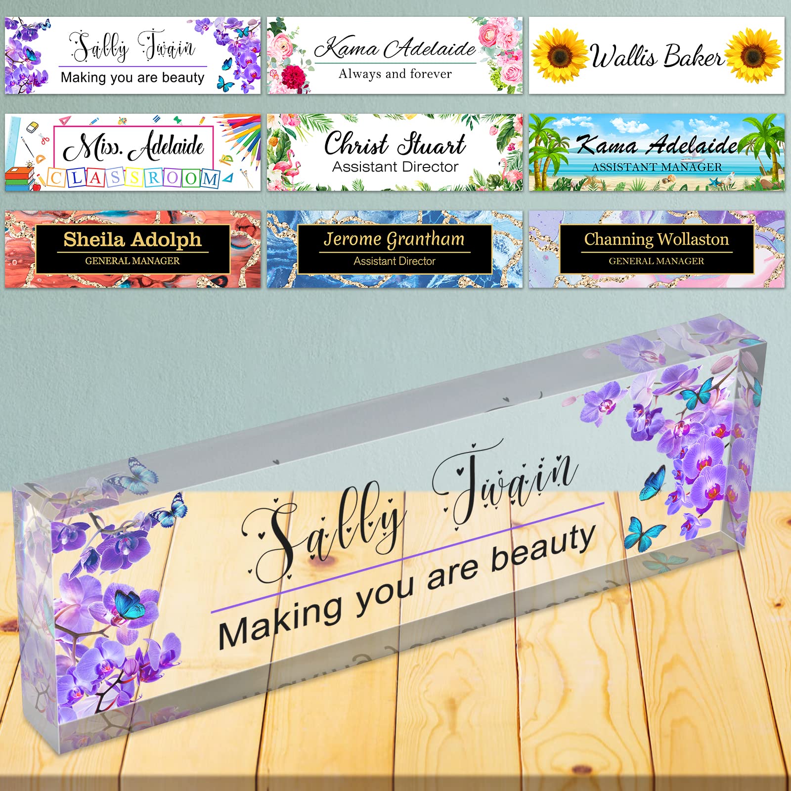 YanNanKe Desk Name Plates for Office Personalized Custom Name Plate for Desk Orchids Design On Clear Acrylic Glass Office Desk Decor for Women or Men,