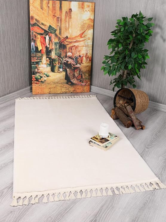 My Evilla Modern Dekoratif Örgü Saçaklı Simirna Peluş Halı Yolluk Krem 100 x 100