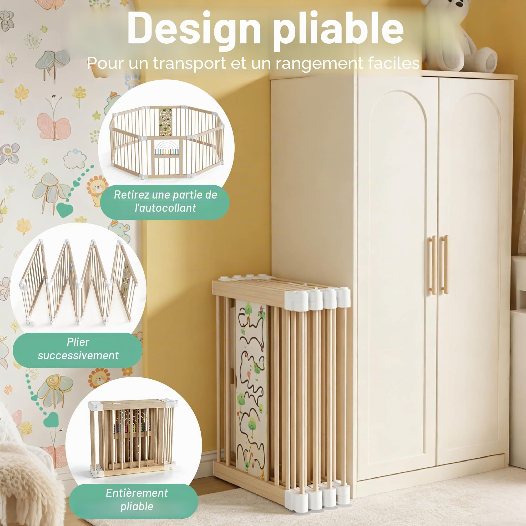 UISEBRT XXL Parc pour bébé en bois avec 2 centres de jeu, taille et forme ajustables, parc avec double sécurité, pliable, parc pour bébé avec 8 éléments, clôture de séparation pour bébés et jeunes