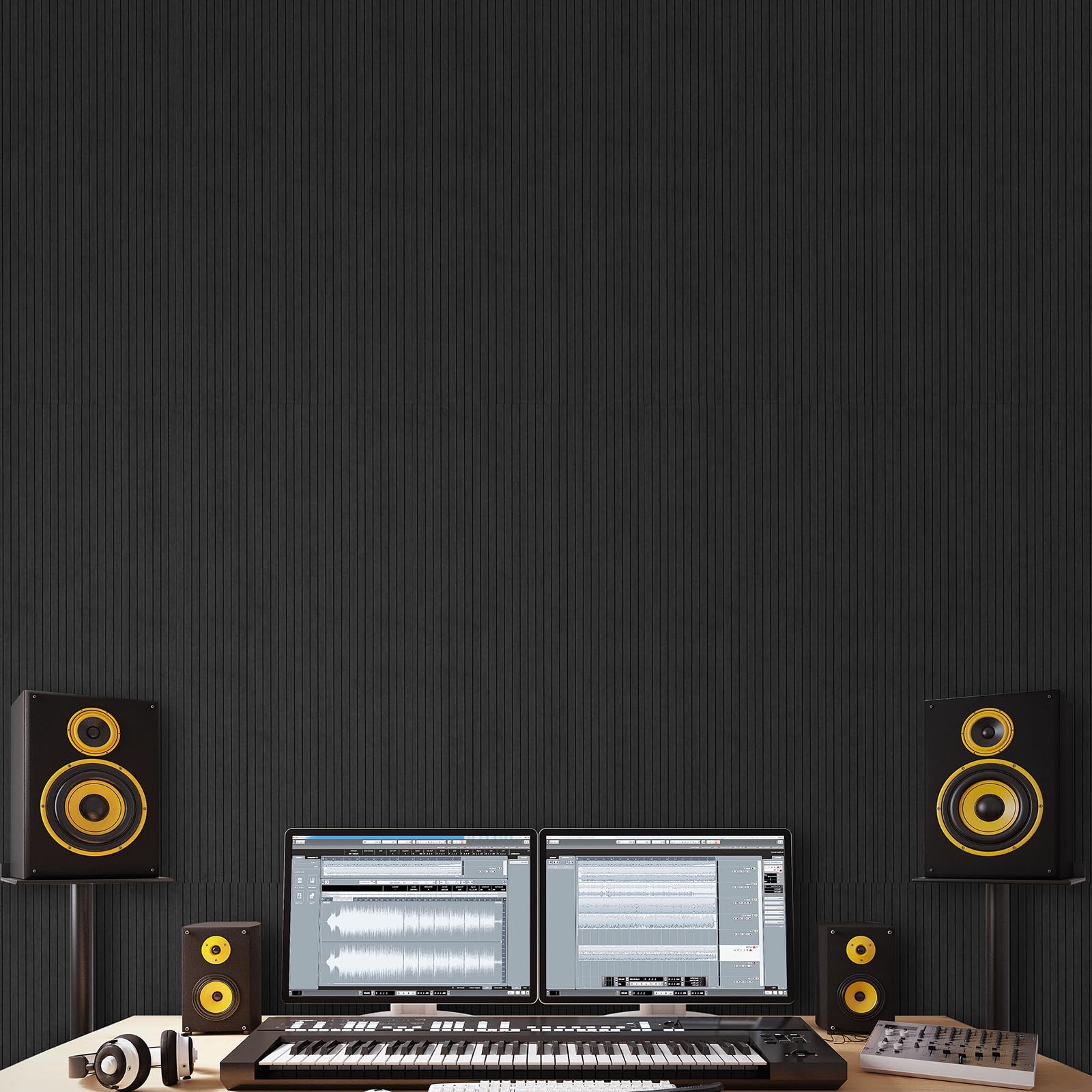 VEVOR Panneau Acoustique, Lot de 5, Mousse Acoustique Mural Autocollant 120 x 60 x 1 cm Panneaux Insonorisants Fibre de Polyester Haute Densité, Isolation Phonique pour Maison, Studio, Bureau, Noir