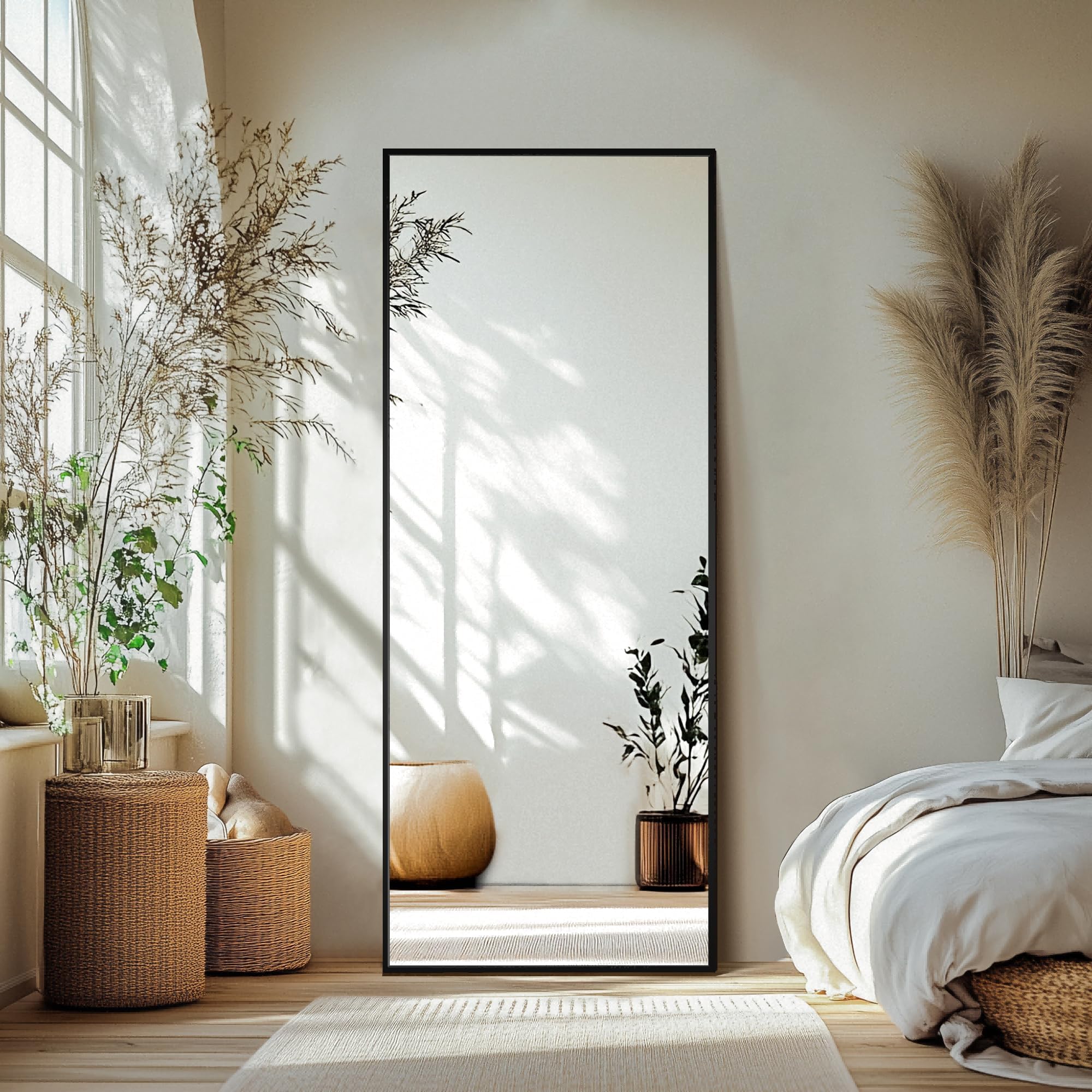 Full Length Standing Mirror,Large Floor Mirror with Aluminum Frame for Bedroom, Bathroom, Living Room,Wall Mount or Freestanding Design(with Stand,Rect 69x24-Black)