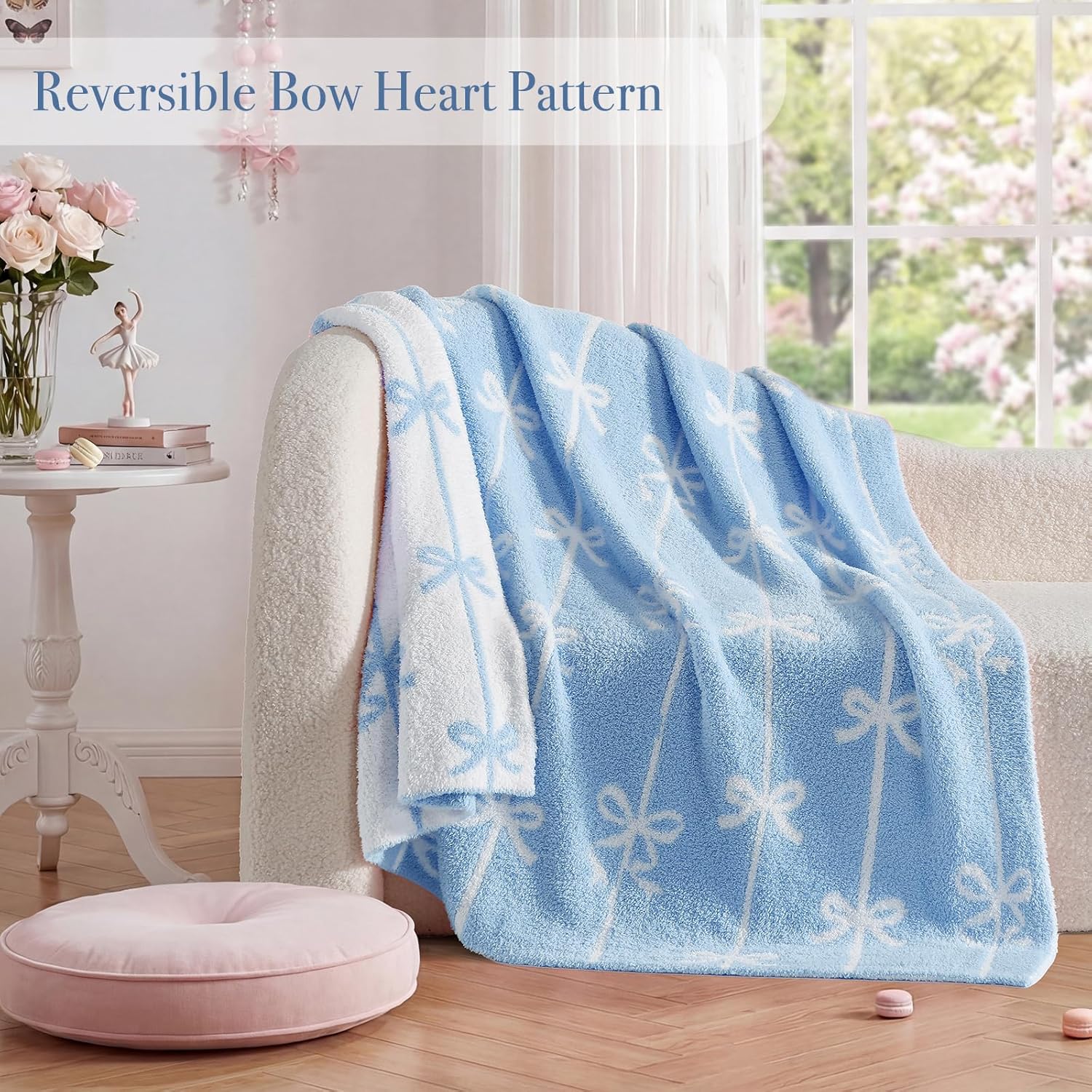 Wink Deer Blue Bow Throw Blanket - Soft Stripe Throw for Women Girls Teens Kids as Gifts Cozy Fuzzy Reversible Home Decor Blankets for Couch Sofa Bed Camping 50"x60"