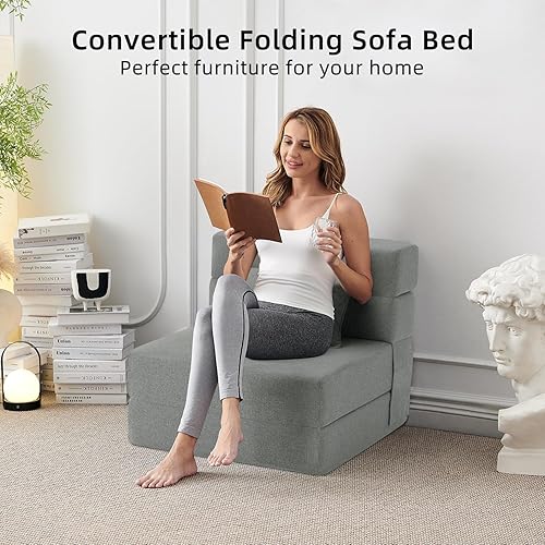 Miniatura 6 de Sofá cama plegable convertible  Silla de cama con almohada, moderna tela de lino para suelo y futón, colchón plegable para sala de
