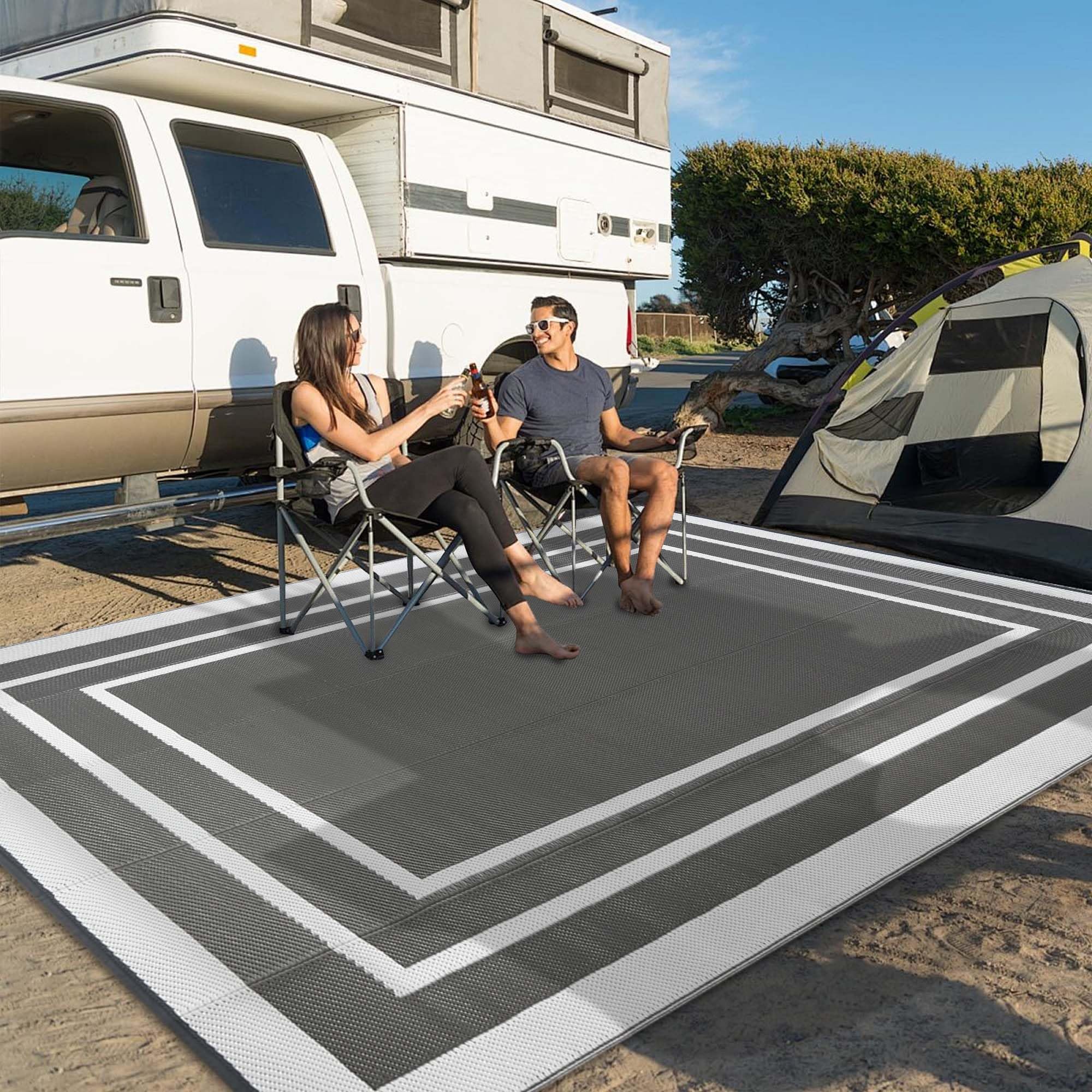 Outdoor Rugs for Patios Grey 150x245cm Waterproof Plastic Picnic Blanket Reversible Garden Rugs Outdoor UV Resistant Lightweight Camping Mat for Beach Balcony Deck Backyard RV BBQ — view 6