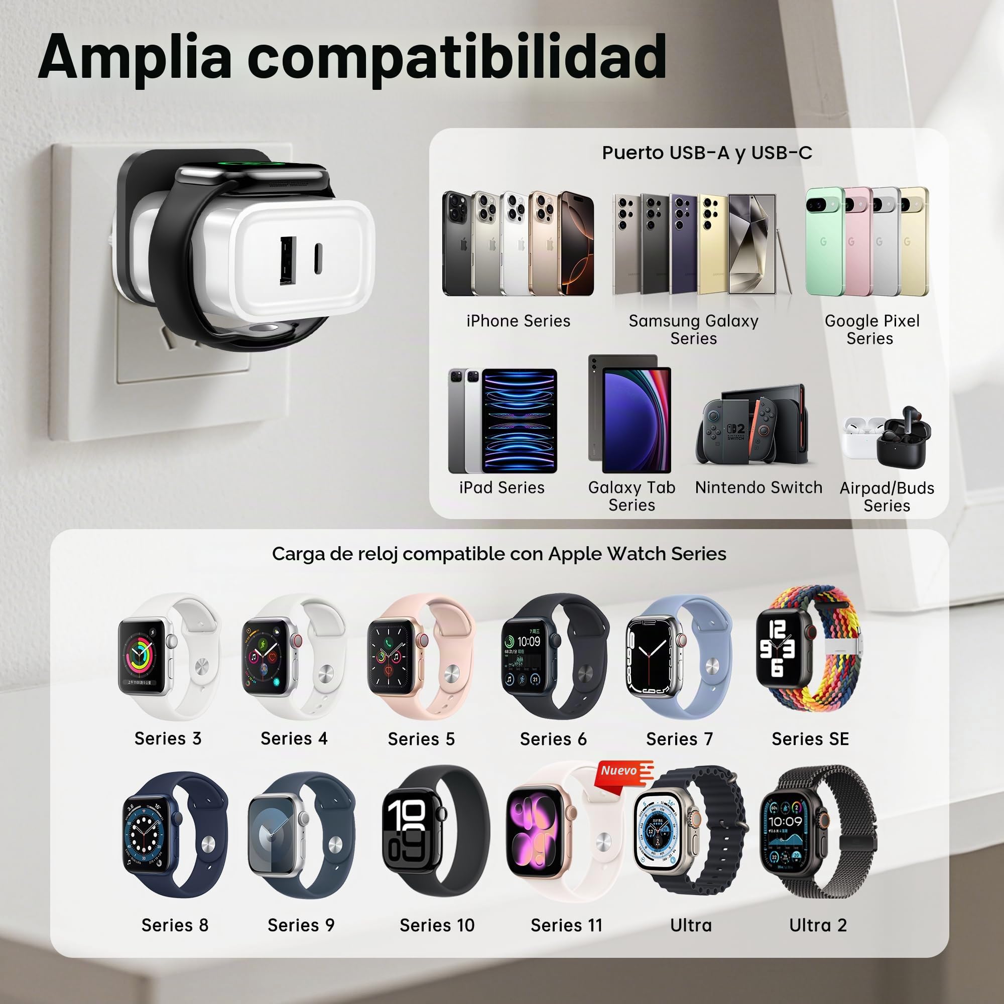 Cargador 3 en 1 para Apple Watch,PD25W Cargador de Pared de Doble Puerto para iPhone, Carga rápida USB-C, Cargador Esencial para Viajes para iWatch Ultra/SE/11/10/9/8, Serie iPhone, Android (Blanco)