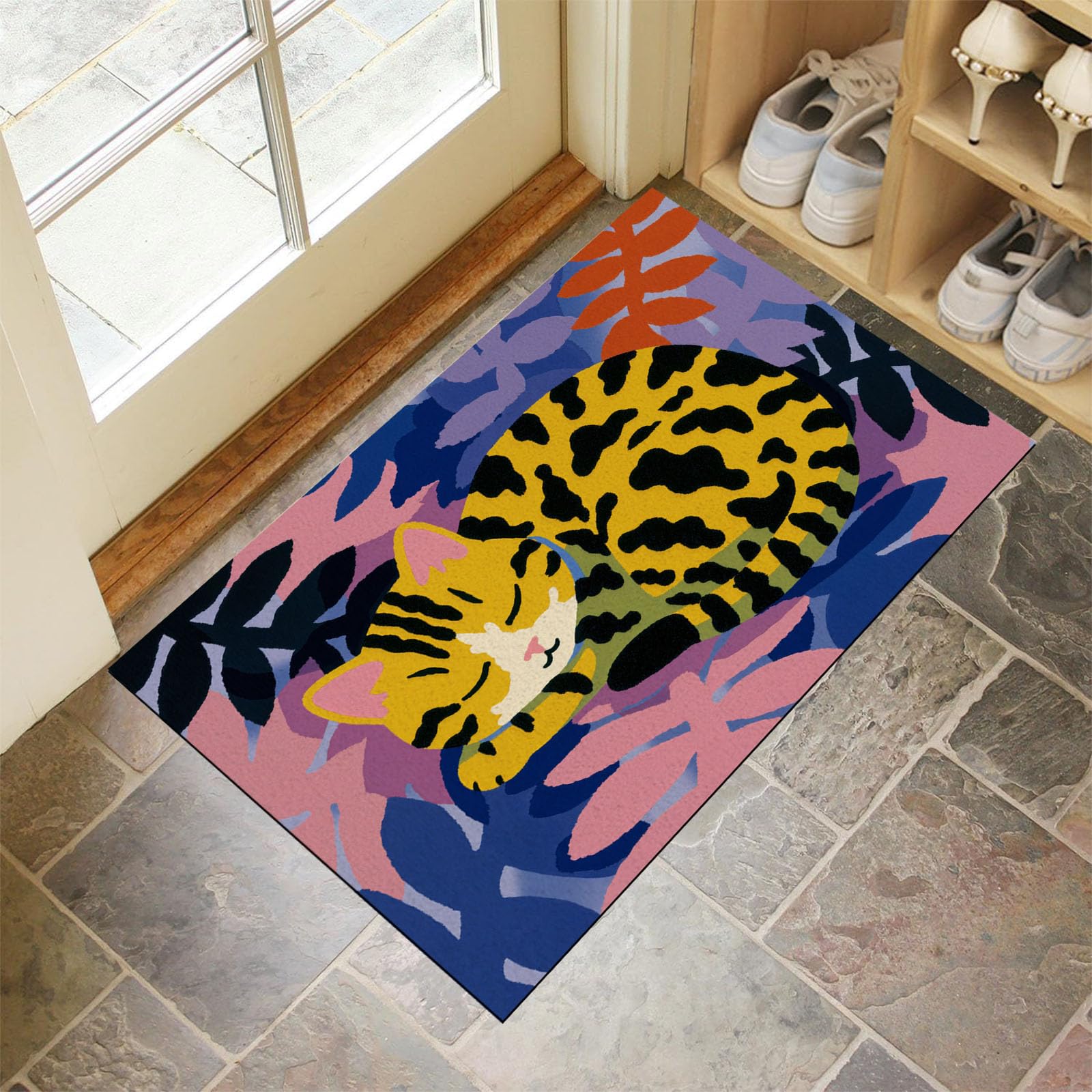 Paillasson attrape poussière chat endormi grand tapis d'entrée coloré