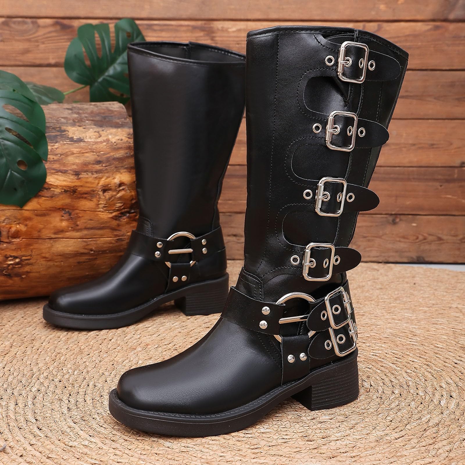 Generico Scarpe Stivali da Donna Al Polpaccio Biker Motociclista Boots | Stivaletti Fibbie Anfibi, in PU