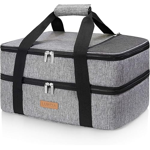 LUNCIA Double Decker Insulated Casserole Carrier for Hot or Cold Food, Lasagna Holder Tote for Potluck Parties/Picnic/Cookouts, Fits 9"x13" Baking Dish, Grey