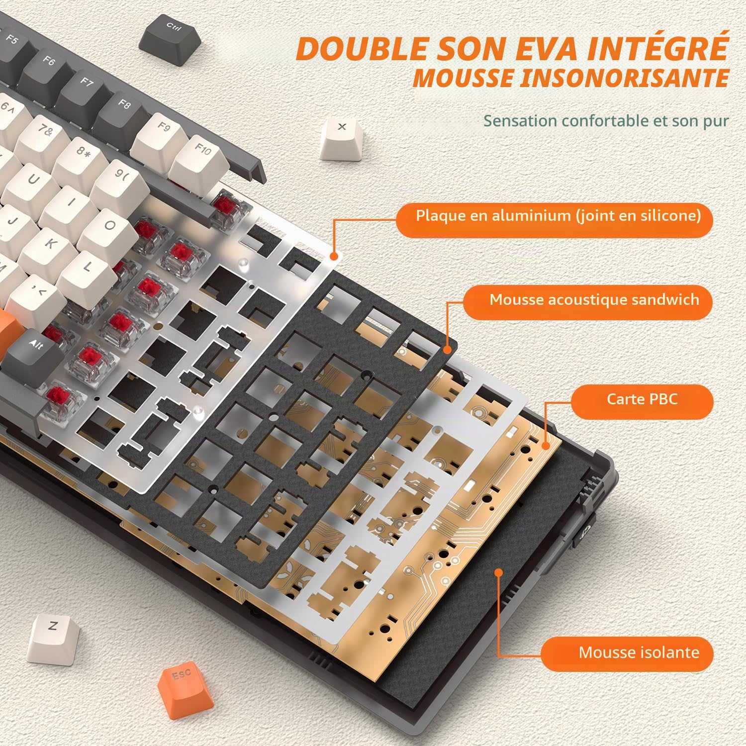 FREEWOLF K8 Clavier de Jeu Mécanique Sans Fil à échange à Chaud, Clavier Filaire Rétroéclairé RGB, Commutateur Rouge, Bluetooth/2,4 GHz/USB-C Tri Mode avec batterie 4000 mAh pour Mac/Win – Gris/Orange