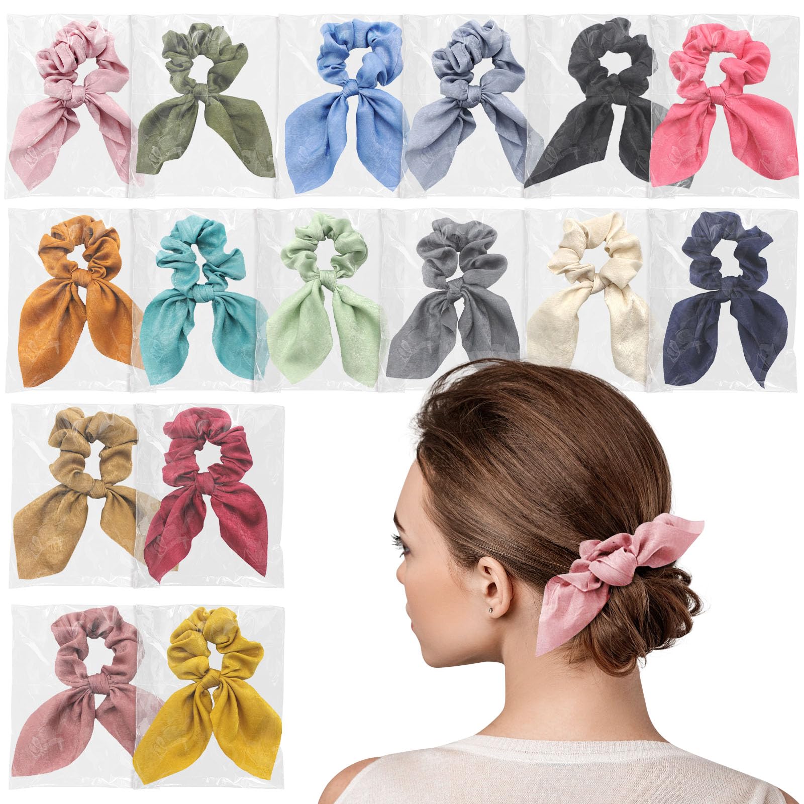 16 Pack Bow Hair Scrunchies Individually Wrapped,Coloful cute hair ties,Bunny Ear Scrunchies Adorable Chiffon Bow Scrunchies Hair ties for Women Girls
