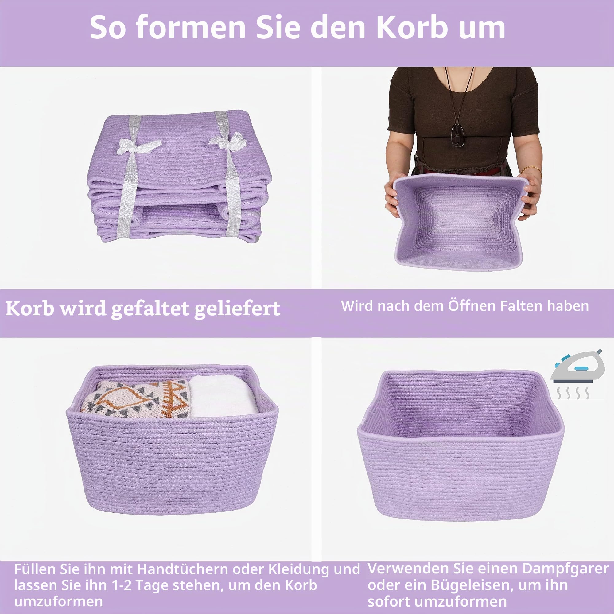 XUANGUO Gewebte Aufbewahrungskörbe aus Baumwollseil, zum Organisieren von Regalen, rechteckig, quadratisch, dekorativ, für Kleidung, Spielzeug, Bücher, Handtücher, Kinderzimmer, 3 Stück, Lavendel-Lila