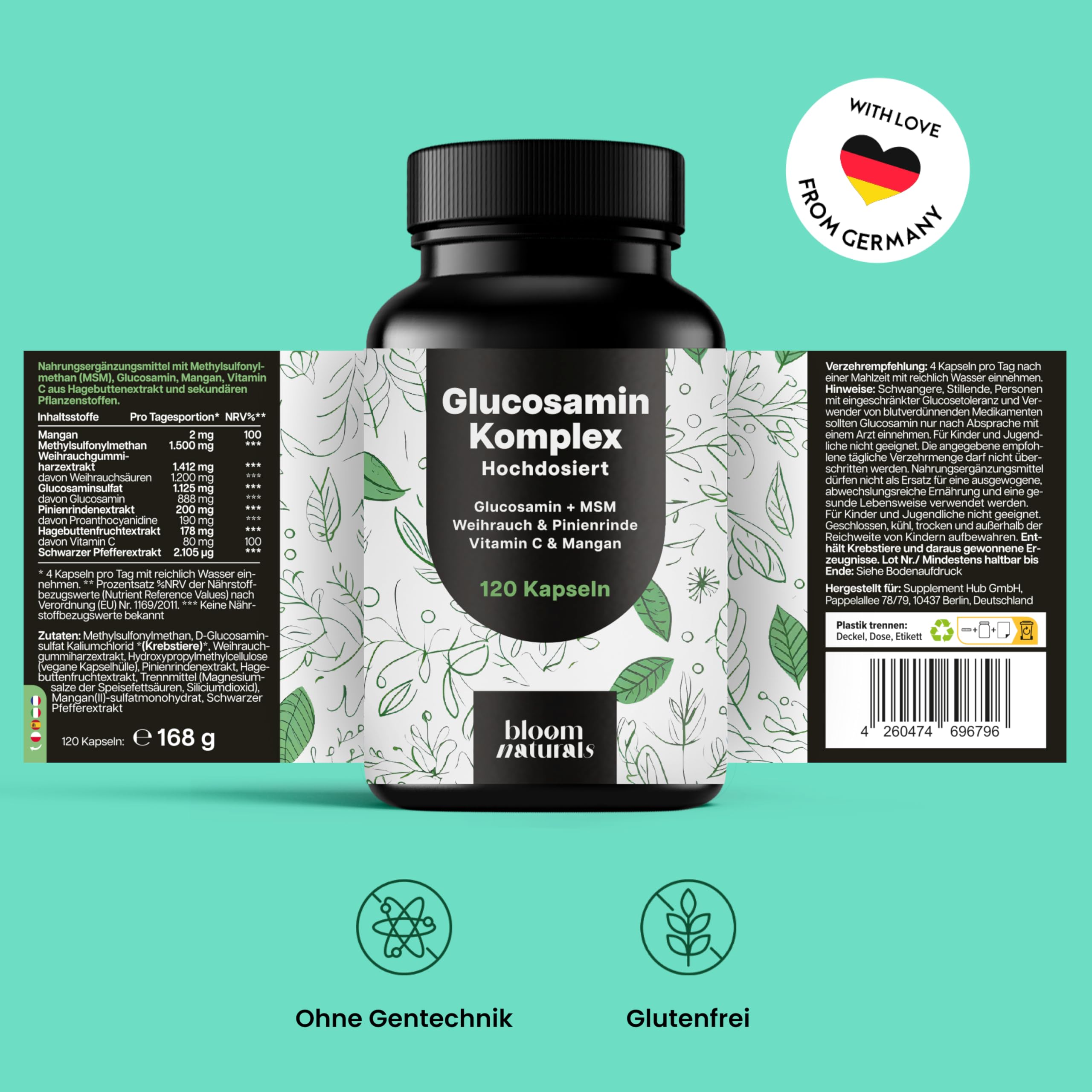 Glucosamin Kapseln Komplex Hochdosiert - 120 Kapseln - Mit MSM, Weihrauch, Pinienrinde, Vitamin C & Mangan - Produziert in Deutschland - Glukosamin Komplex - Verpackung kann variieren