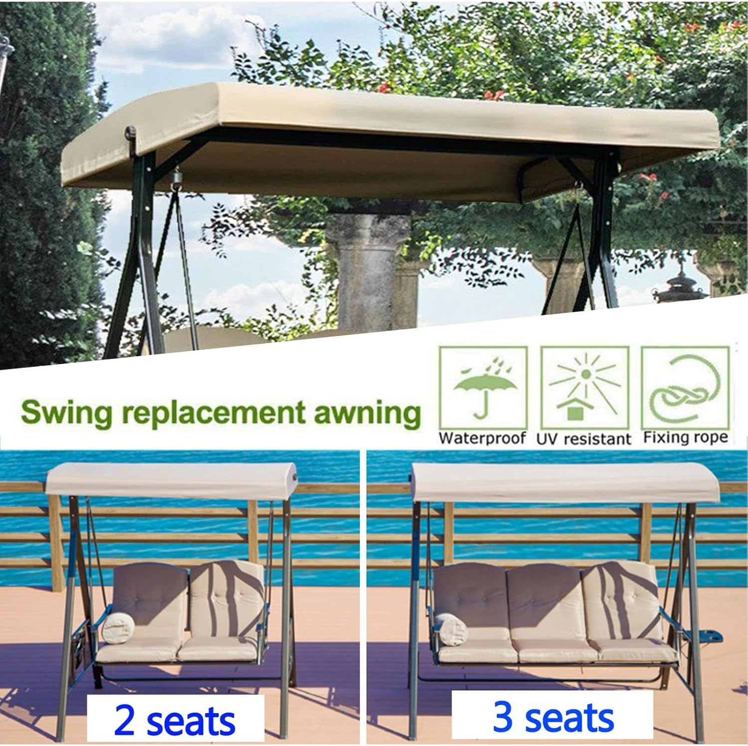 Outdoor Swing Canopy Replacement,Patio Replacement Canopy for Swing Seat Hammock Cover Waterproof Top Fabric for 2/3-Seater Chair Garden Porch Pool Seat,3 Seater:198x118cm/79x46.4in