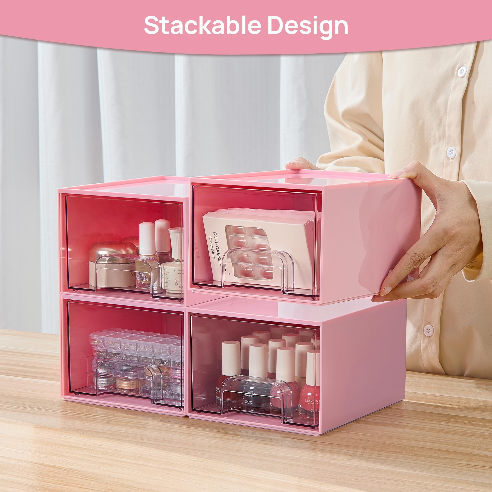 Vtopmart 4er-Set Kleine Stackable Storage Drawers, Acrylic Organiser, Aufbewahrung und Organisation for Dresser, Bathroom, Kosmetik, Küche, Vorratsschrank（Rosa）