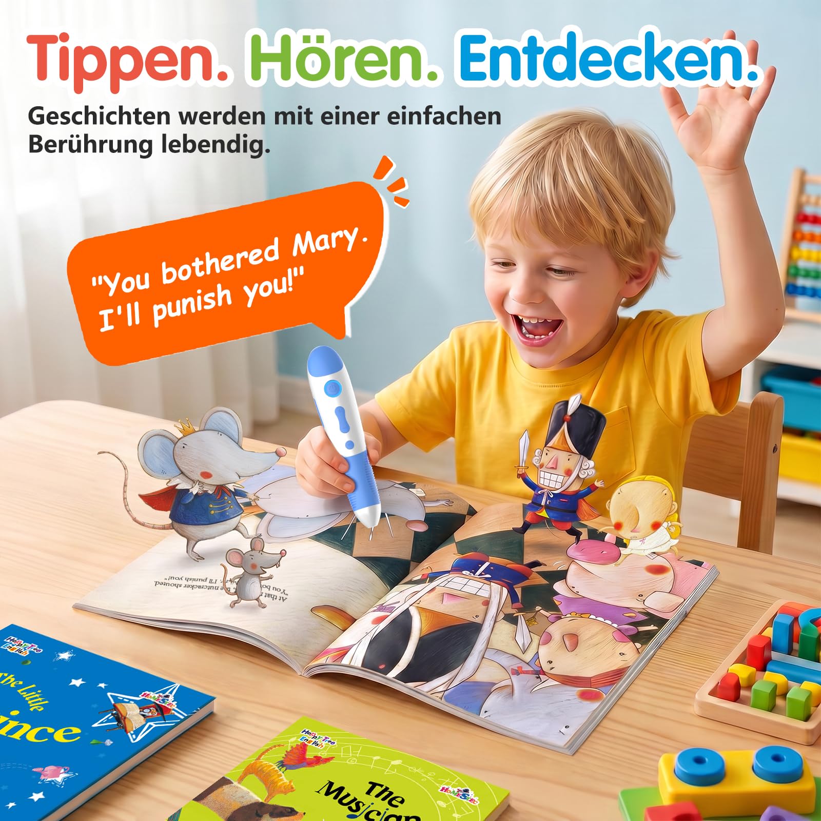 Interaktiver Lernstift mit 10 englischen Geschichtenbüchern, Vorlesestift für Kinder ab 2–5 Jahren, Sprachlernspielzeug, Audio Lernsystem, wiederaufladbar (USB-C)