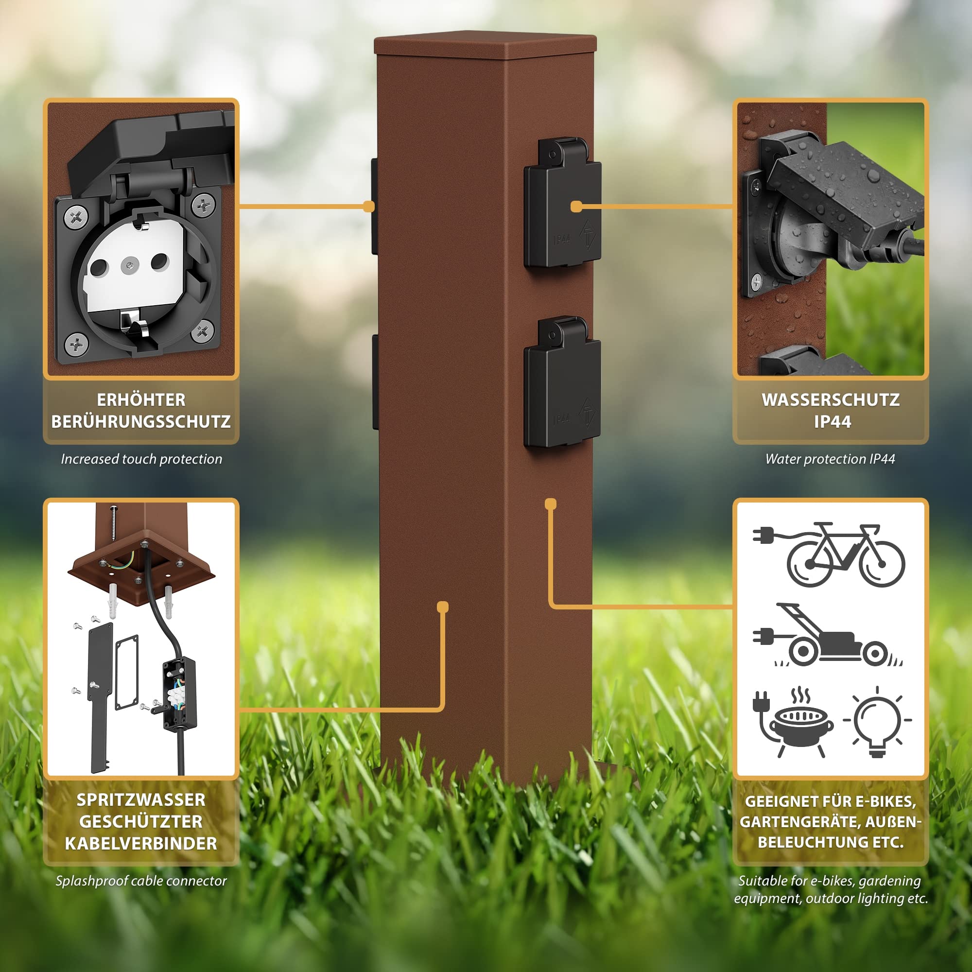 ledscom.de 2 colonnine con prese da giardino Polly con picchetto da terra per esterni, IP44, a 4 prese, acciaio inossidabile, forma squadrata, marrone, 40 cm