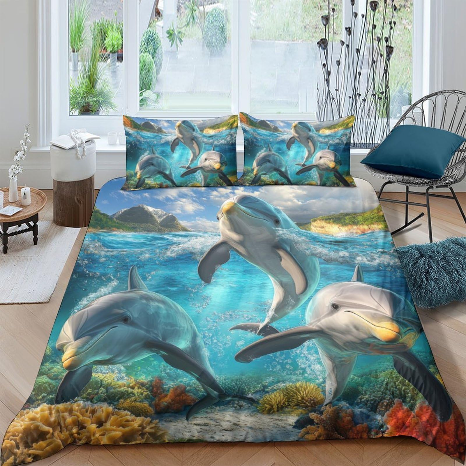 Ctjqhvkz Style-2 3D Printed Ocean Dolphin Fitted Sheet Microfiber Soft Blue Sea World Mattress Cover For Bedroom Guest Room Easy Care Single（135X200cm）