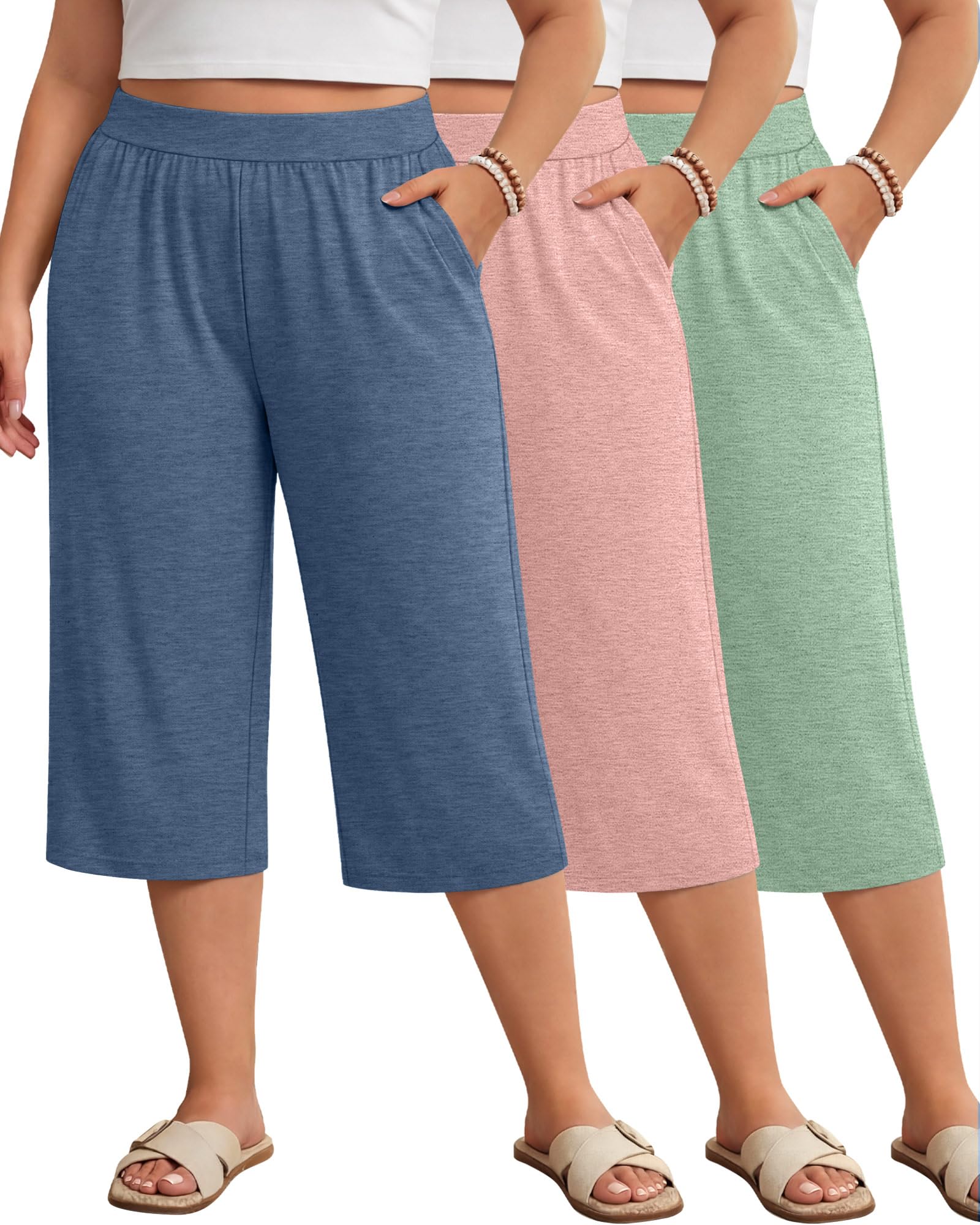 Huukeay 3 Pack Women's Plus Size Capri Pants Loose Fit Wide Leg Capris Sweatpants Summer High Waisted Yoga Pants with Pockets