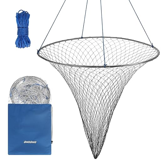 QualyQualy Bridge and Pier Fishing Net, Foldable Drop Net for Pier Fishing with Rope, Landing Net with Durable Soft Steel Hoop and Nylon Mesh Net, 32" Diameter