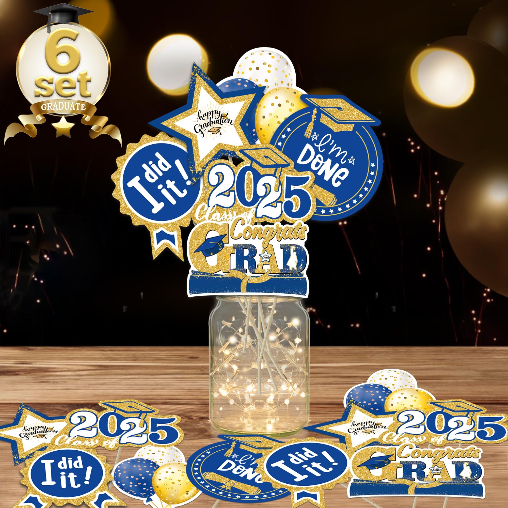 Graduation Decorations Class of 2025, 36 PCS Graduation Centerpieces Sticks with LED String Lights, Double Sided Grad Table Decorations, Grad Party Supplies for College High School, Blue and Gold