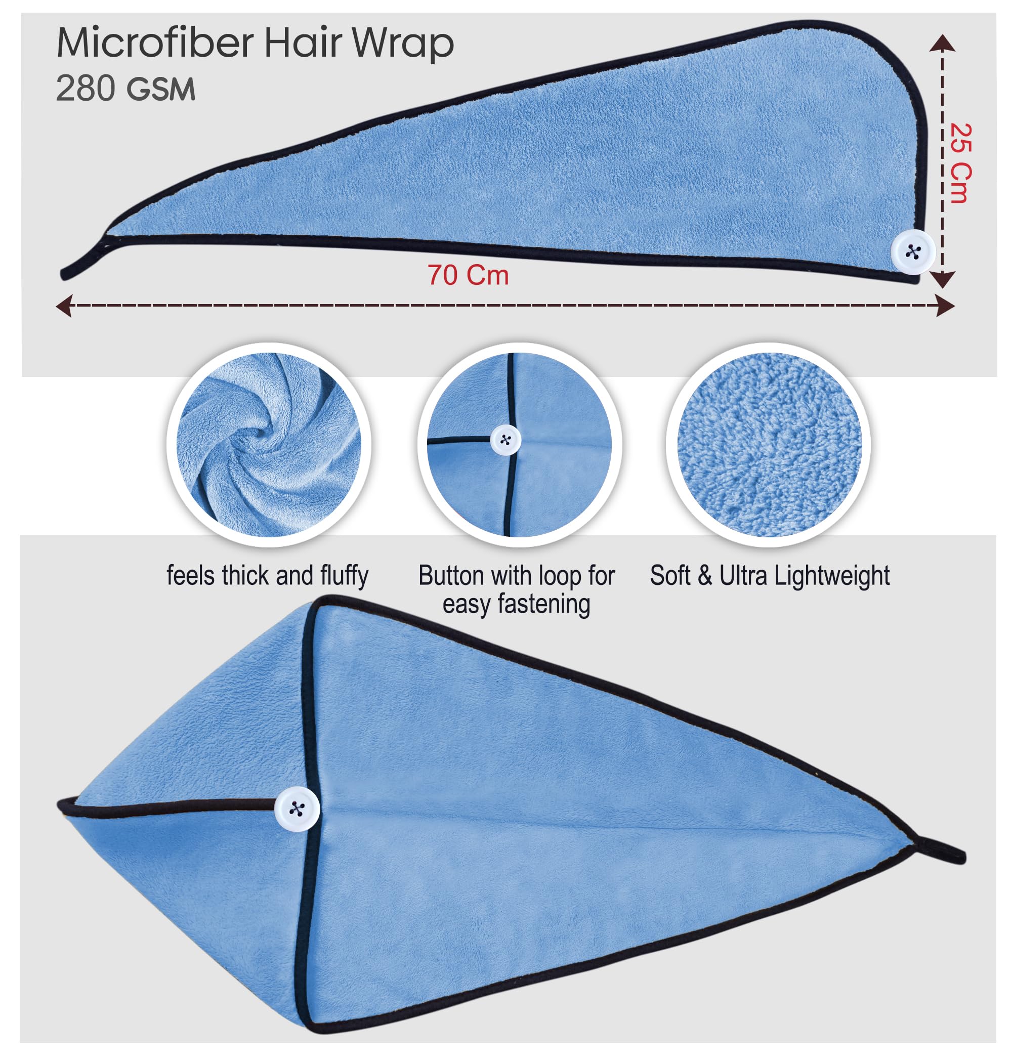 SOFTSPUN Microfiber Hair Cap 1 Pcs 70X25 cm Sky Blue 280 GSM Super Absorbent Quick Dry Hair Turban for Drying All Kinds of Hair Straight or Curly Short or Long Thin or Thick Hair. 3