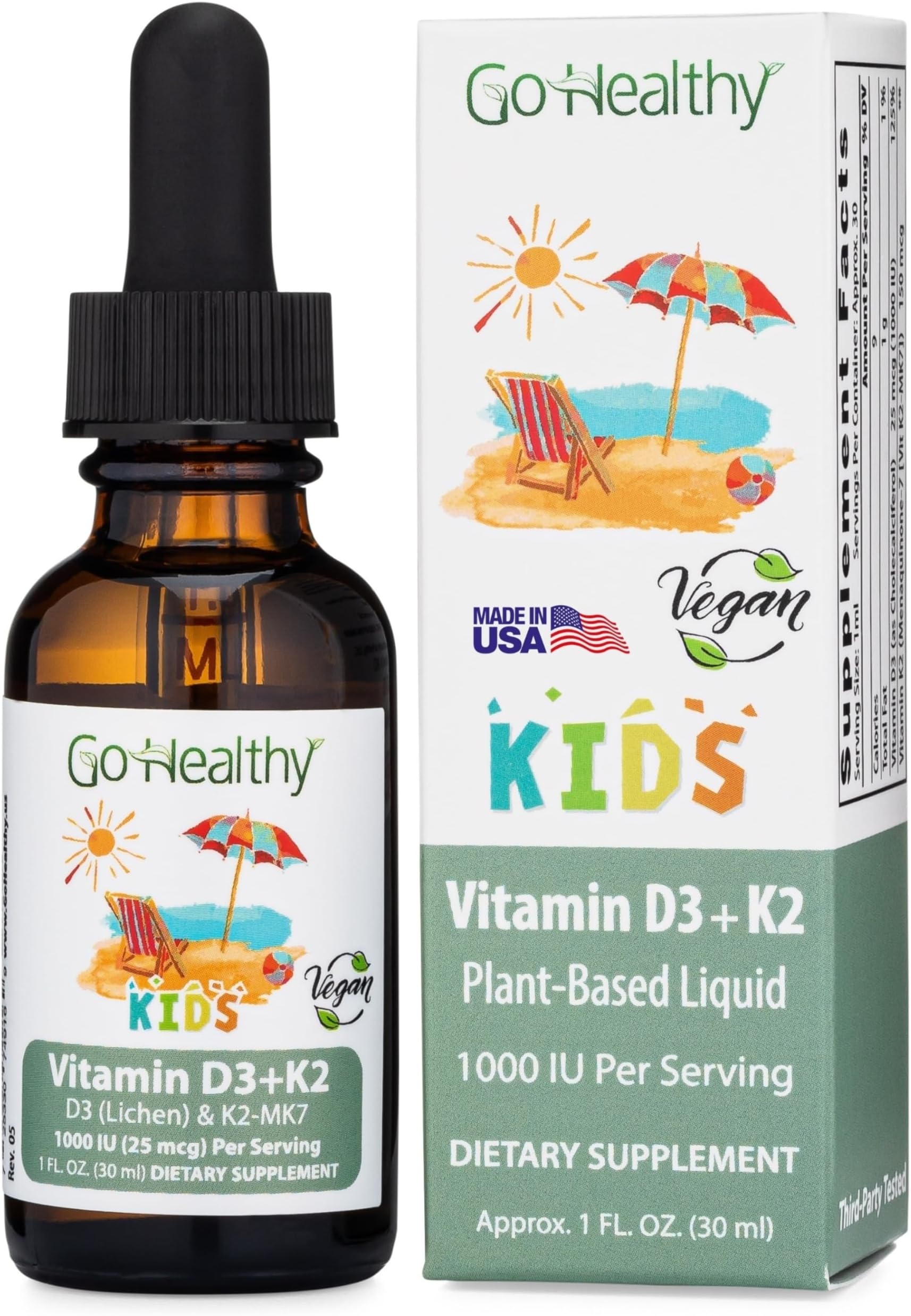 Go Healthy Kids Vitamins D3 K2 (MK-7), Child Vitamin D, Liquid Vegan D3 K2 Drops for Kids, Sugar-Free, Easy-to-Absorb, Children's Growth & Immune Support, Vanilla Flavor - 30 Servings
