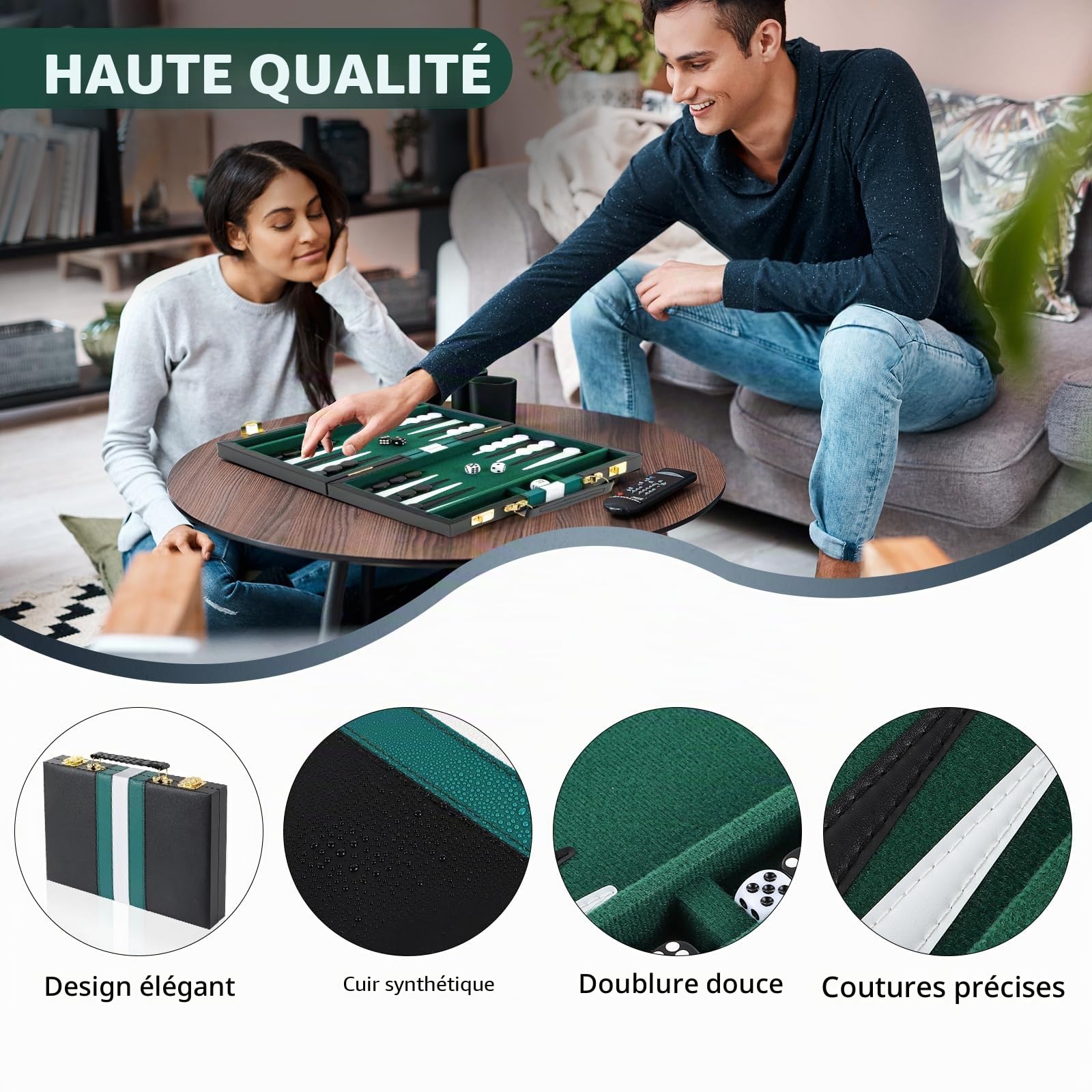 Set de Backgammon 11 Pouces pour 2 Joueurs, Mallette de Backgammon avec Accessoires complets, Set de Jeu de Voyage Portable Back-Gammon avec poignée pour Adultes (Vert)