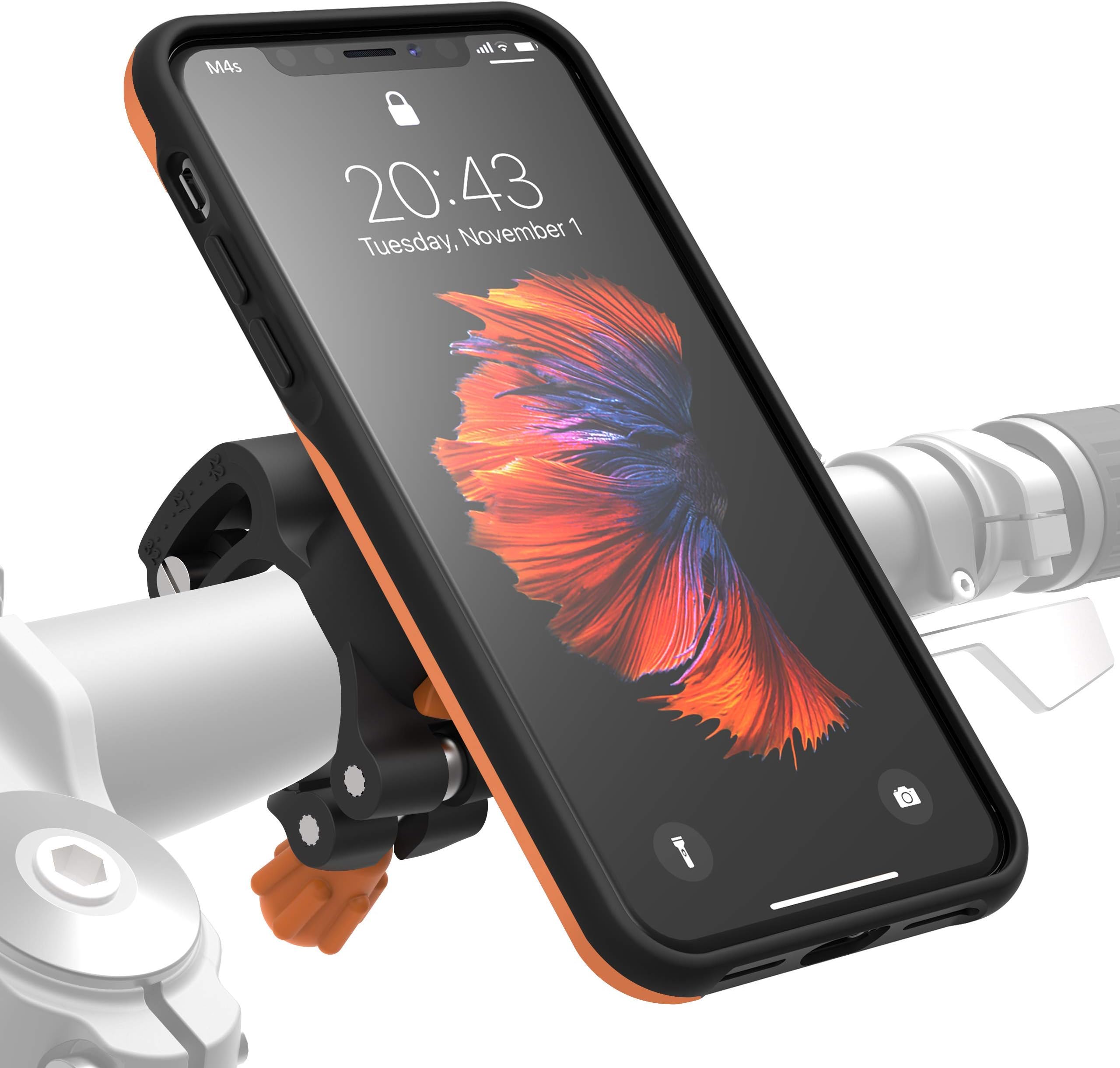 MORPHEUS LABS M4s iPhone Xs Bike Mount, Phone Holder & iPhone X Case, Bicycle Cell Phone Holder, Adjustable, fits to Most Bike Handlebars, with Quick Lock, Magnetic for iPhone X/Xs / 10 [Orange]