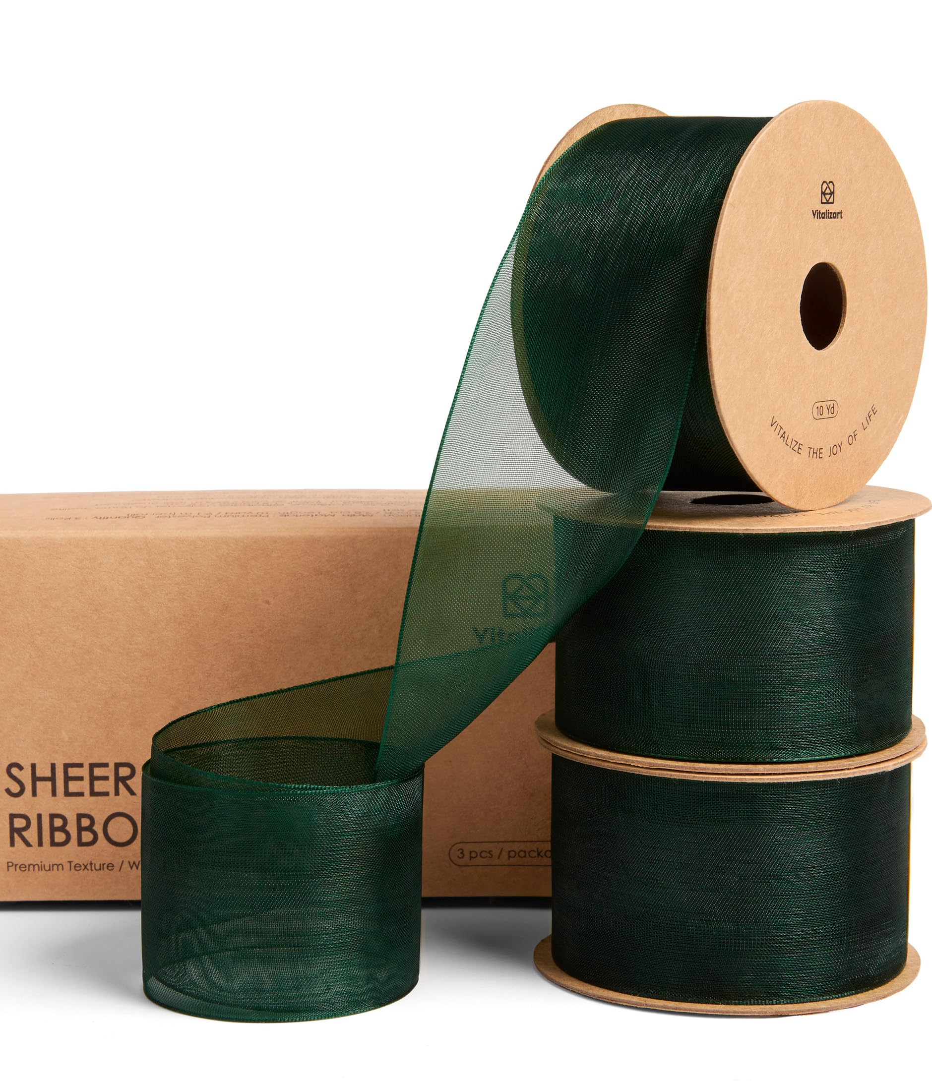 Vitalizart 1.5" x 30 Yd Dark Green Organza Ribbon 3 Rolls x 10 Yd, Fabric Sheer Ribbons for Gift Wrapping, Crafts, Wedding Invitations, Christmas Wreath Bows, Bouquet